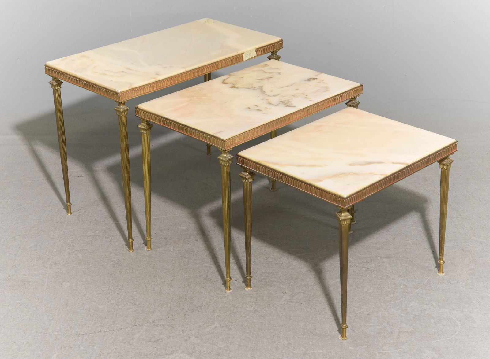 French Marble Top Nest of 3 Brass Finished Tables: French Marble Top Nest of 3 Brass Finished Tables - 17.75 in tall x 23.5 x 13, 15.75 in tall x 20 x 13 and 13.75 in tall x 16.5 x 13