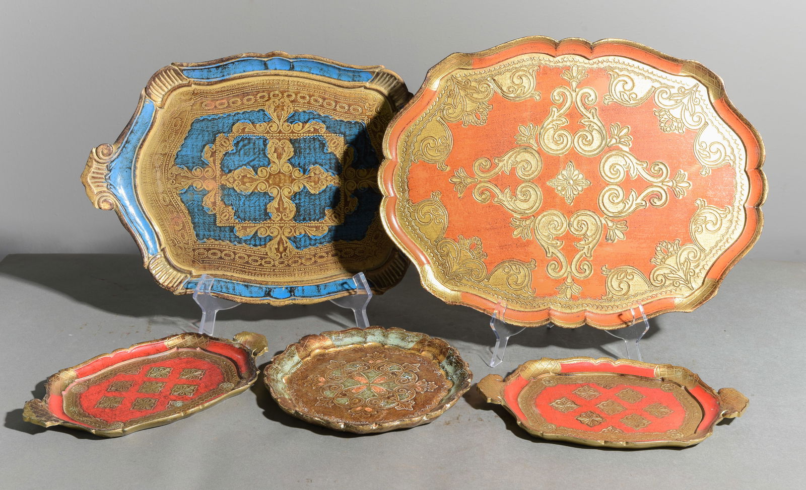 Five Assorted Florentine Trays: Five Assorted Florentine Trays - Largest is 1 in tall x 19 x 14