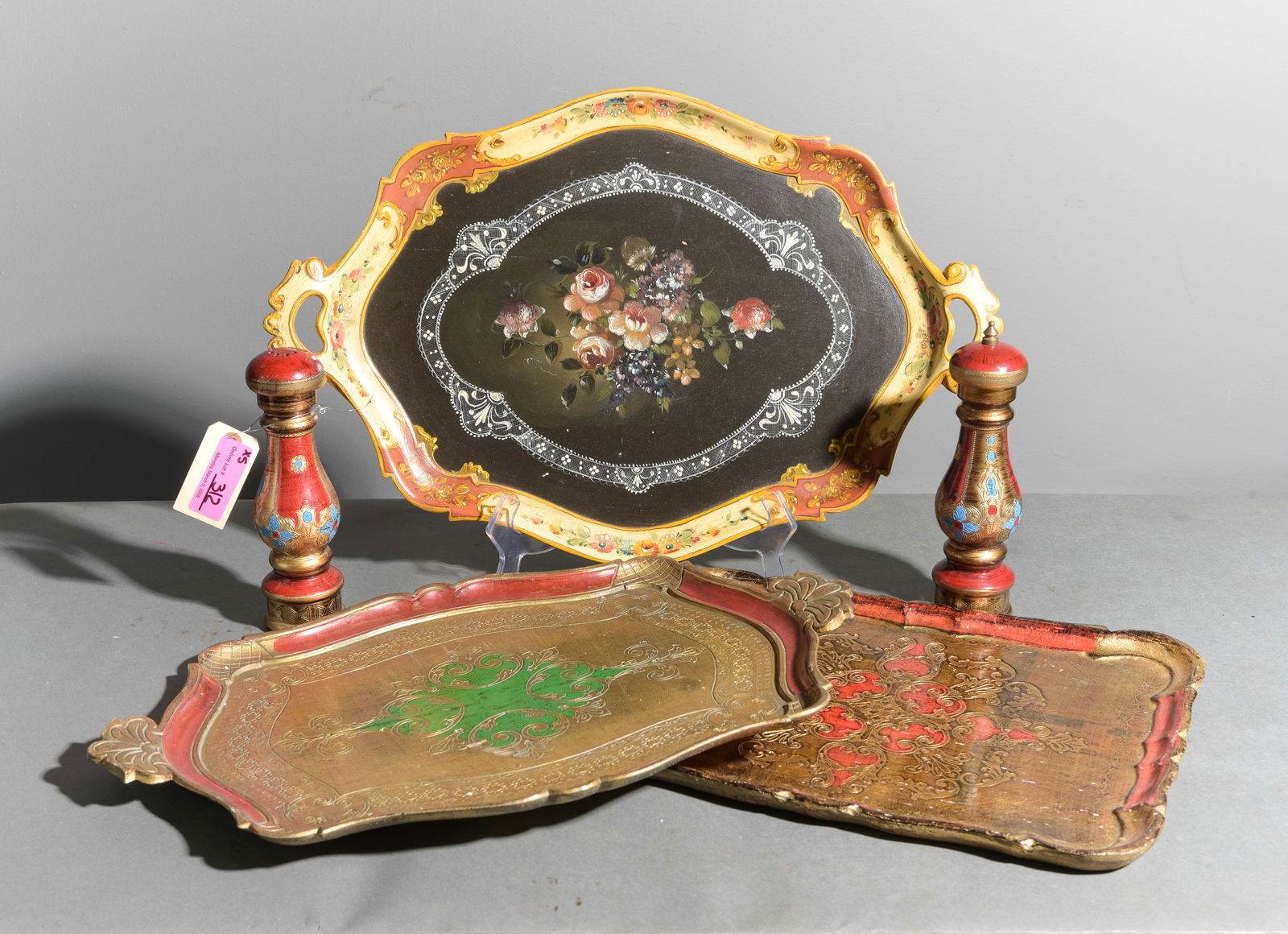 3 Florentine Style Trays & Salt and Pepper Shakers: 3 Florentine Style Trays & Salt and Pepper Shakers - Largest tray is 2 in tall x 22.5 x 15, The shakers / grinders are 9 in tall x 2.5 inch diameter each