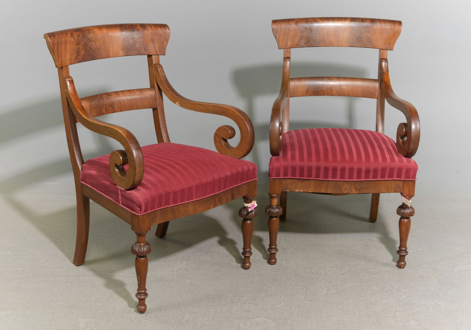 Victorian Style Pair of Scrolled Walnut Arm Chairs: Victorian Style Pair of Scrolled Walnut Arm Chairs - 37.75 in tall x 23 x 24.5 each with a seat height of 19.5 inches