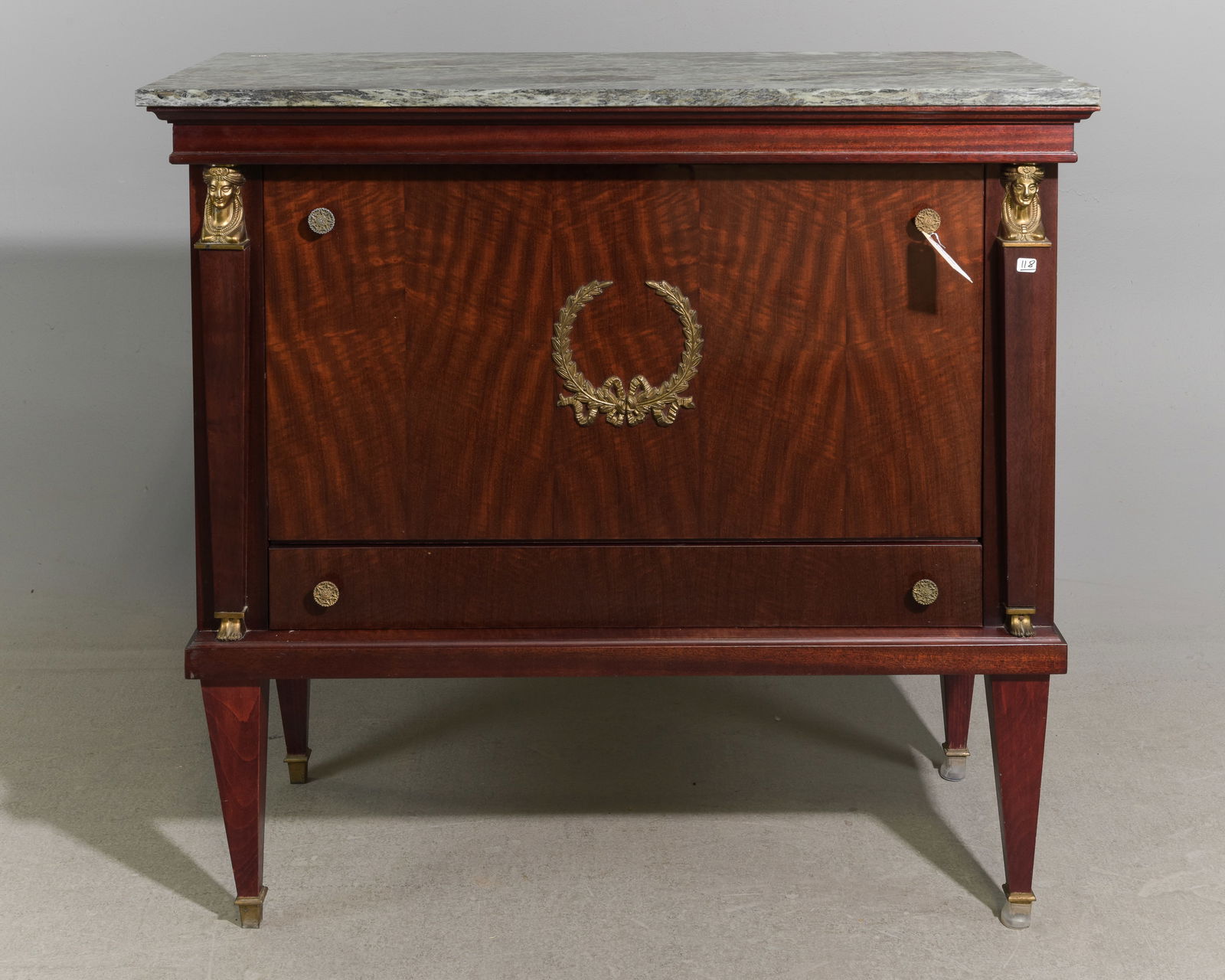 French Empire Style Green Marble Top Cocktail Cabinet: French Empire Style Green Marble Top Drop Front Cocktail / Bar Cabinet - 41 in tall x 44 x 19