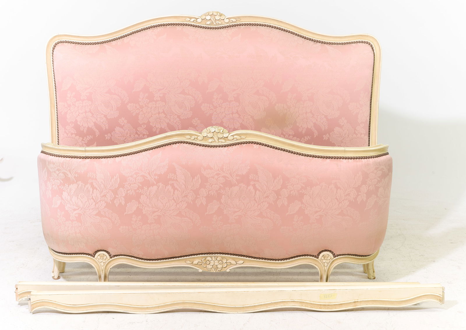 Louis XV Style Painted Pink Upholstered Bed with Rails: French Louis XV Style Painted Pink Upholstered Bed with Rails - Headboard is 47.5 in tall x 59 x 3, Rails are 67 inches long each - This bed is a European size which can usually be converted to an