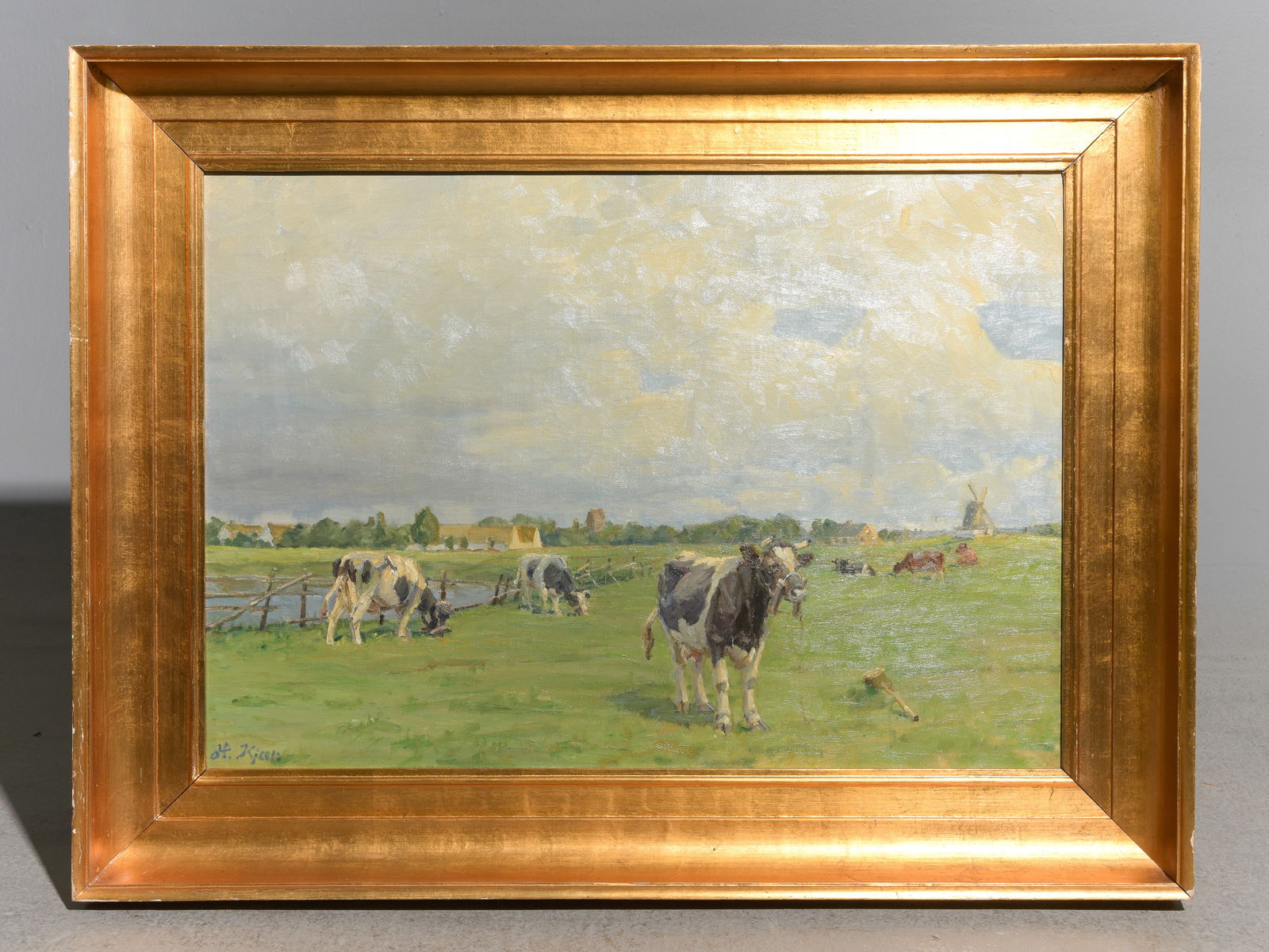 Gold Framed Oil on Canvas Landscape - Cows (1 of 3)