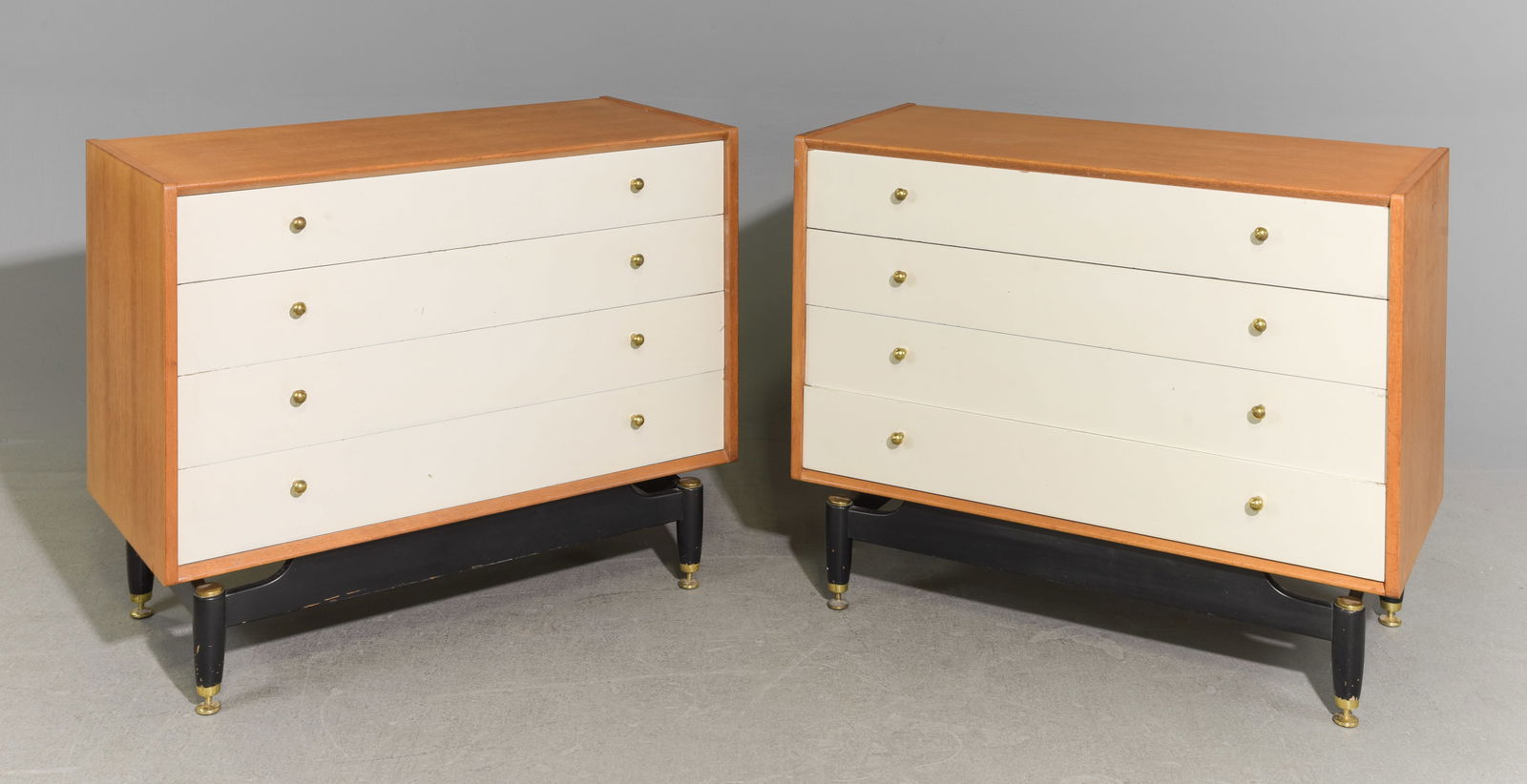 Mid Century Modern Pair of Tola Gplan Chests: Danish Modern Style Pair of Four Drawer Chests / Bedsides by British Furniture Maker Gplan part of their Chinese White Range c.1950's-1960's - 31 in tall x 38 x 18.5 each