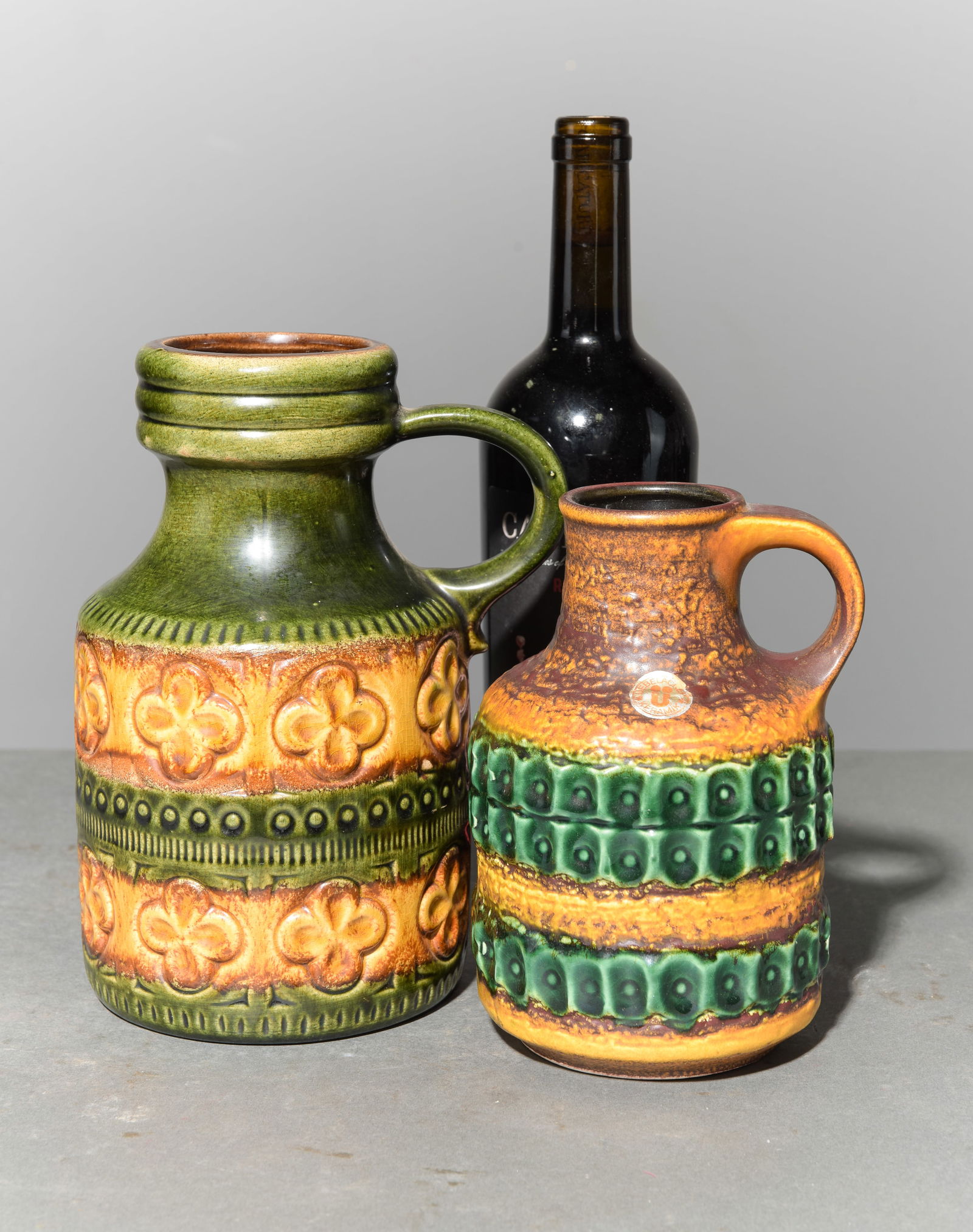 2 West German Scheurich Keramik Pottery Vases: 2 West German Scheurich Keramik Pottery Vases / Jugs - The large one is model 489-23 c.1960's-1970's - 9 in tall x 7 x 5