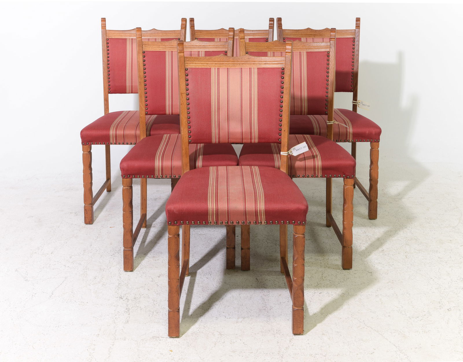 Danish Oak Set of 6 Red Upholstered Dining Chairs: Danish Oak Set of 6 Red Upholstered Dining Chairs - 36.5 in tall x 19 x 18 each with a seat height of 18 inches
