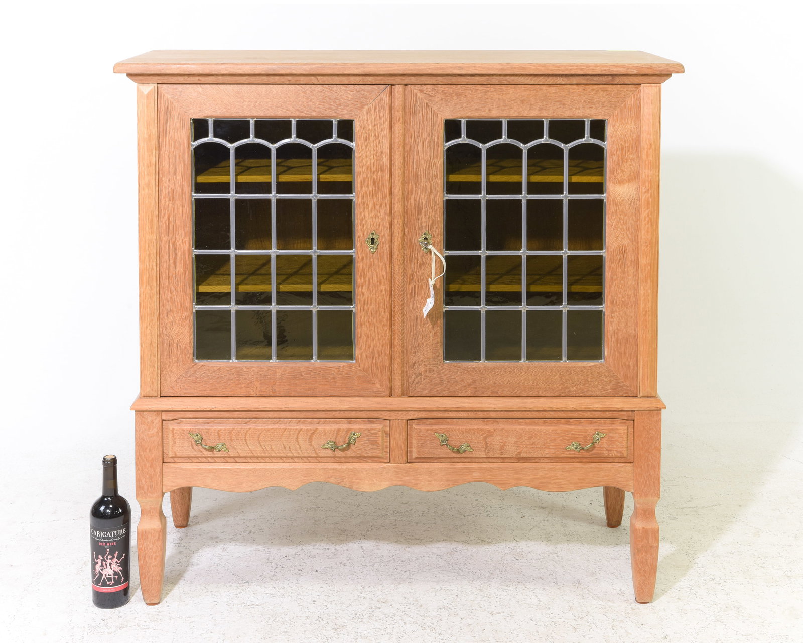 Danish Oak Leaded Glass Cabinet with Drawers: Danish Oak Leaded Glass Cabinet with Drawers - 43 in tall x 43 x 18 - Similar in style to / possibly by : S. Thrane & Son / Henning Kjaernulf / Guillerme & Chambron.