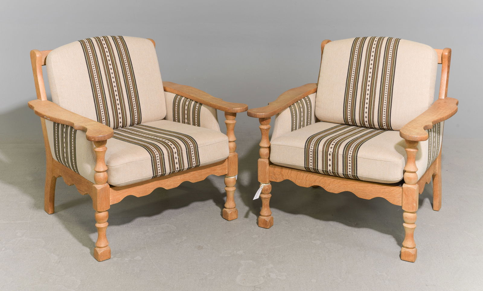 Danish Oak Pair of Low Arm Chairs: Danish Oak Pair of Low Arm Chairs - 32 in tall x 32 x 29 each with a seat height of 17 inches - Similar in style to / possibly by : S. Thrane & Son / Henning Kjaernulf / Guillerme & Chambron.