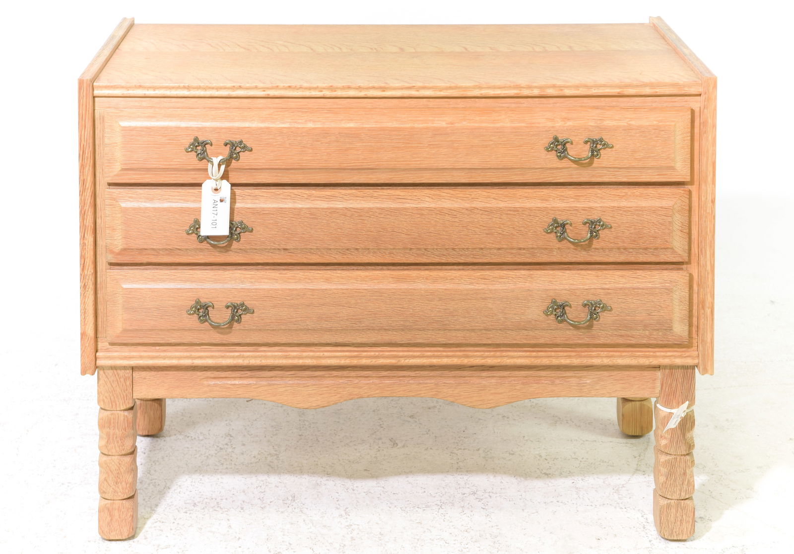 Danish Oak Three Drawer Chest / Bedside: Danish Oak Three Drawer Chest / Bedside - 29 in tall x 35.5 x 16.5 - Similar in style to / possibly by : S. Thrane & Son / Henning Kjaernulf / Guillerme & Chambron.