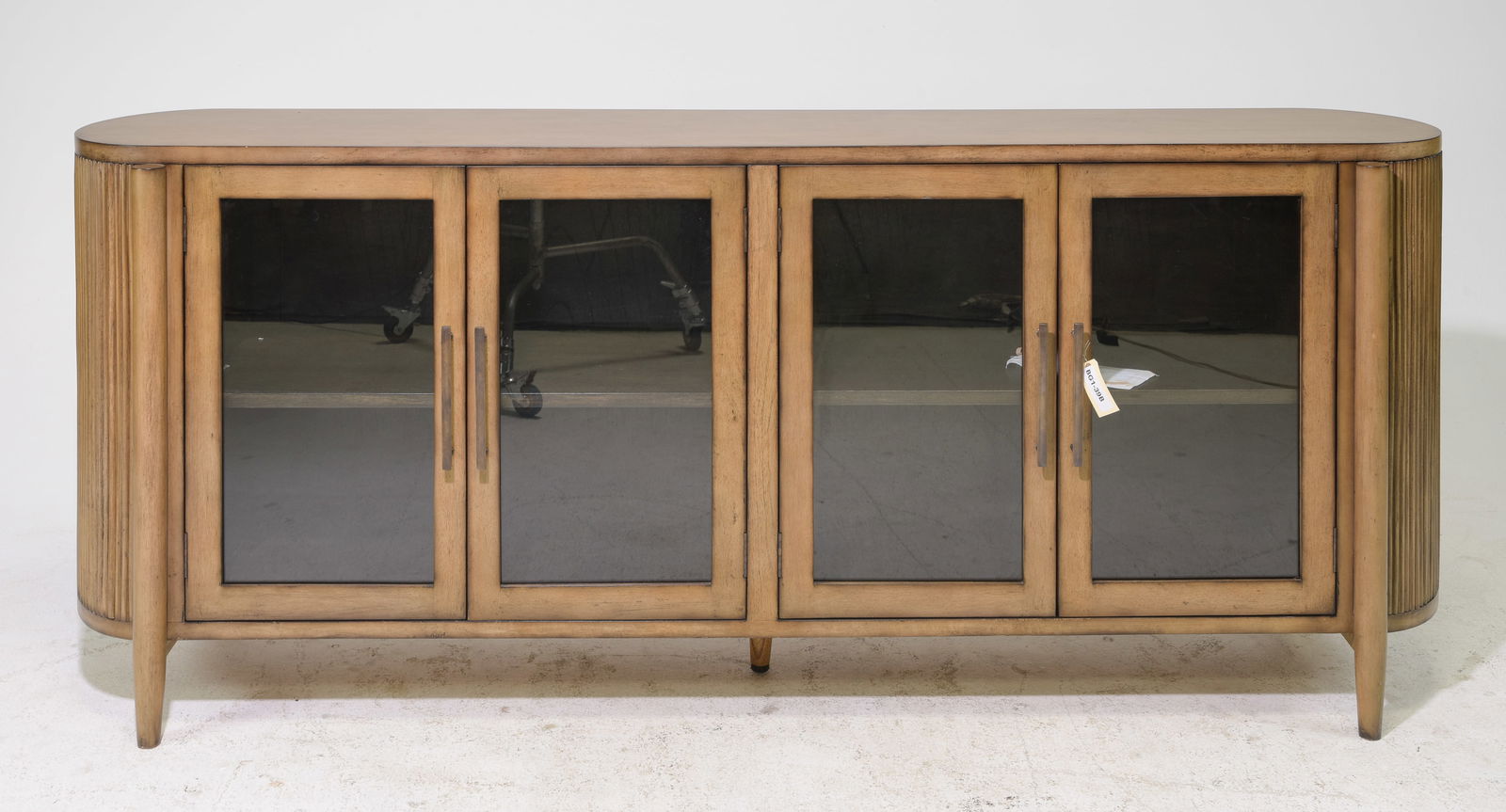 Contemporary Style Credenza with Reeded Sides: Contemporary / Modernist Style Credenza / Sideboard with Reeded Sides & Extended Legs - 34 in tall x 82 x 20