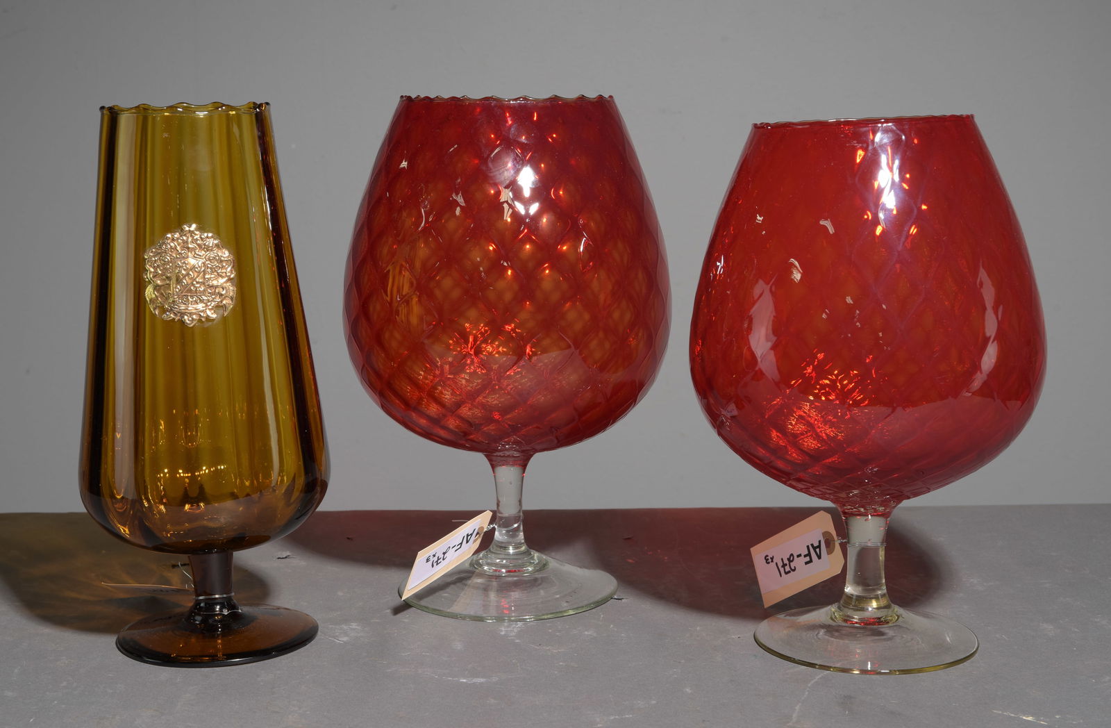 3 Assorted Large Blown Glass Snifters: 3 Assorted Large Blown Glass Snifters - 12 in tall x 8 diameter