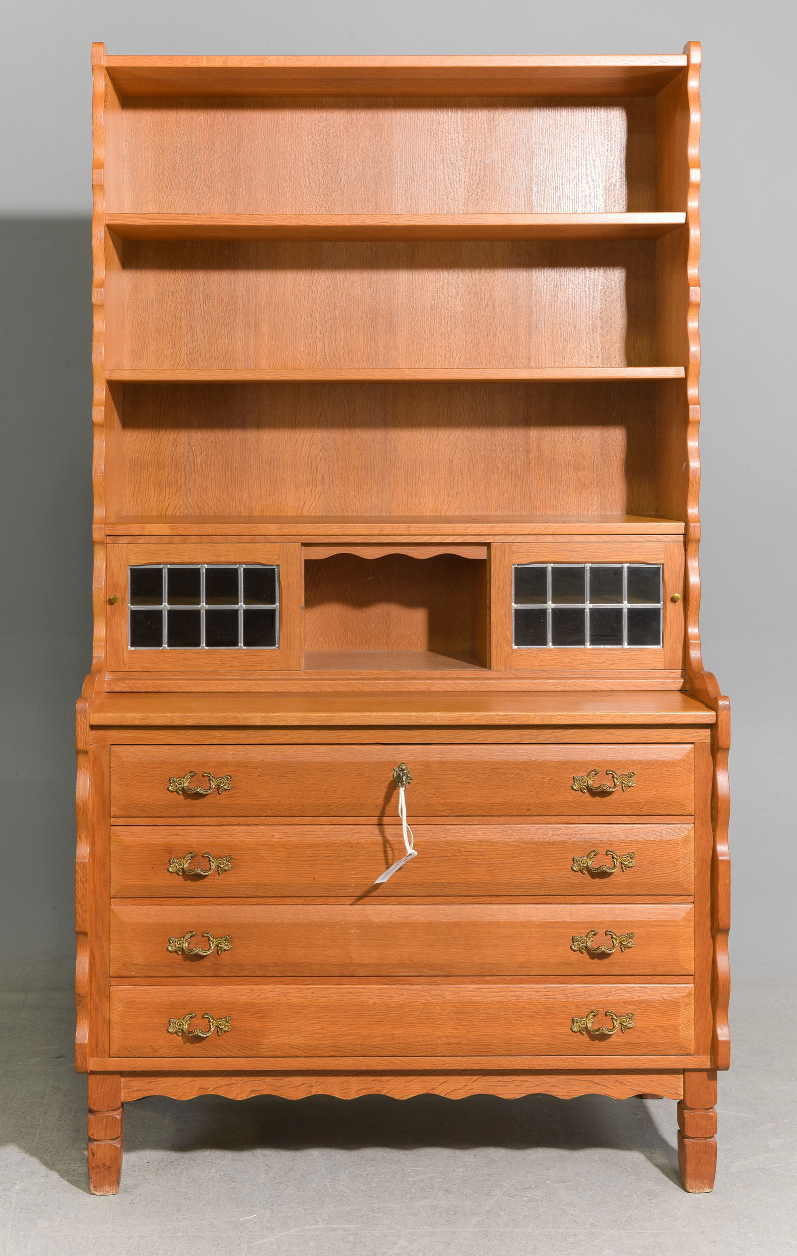 Danish Oak Leaded Glass Bookshelf / Desk (1 of 4)