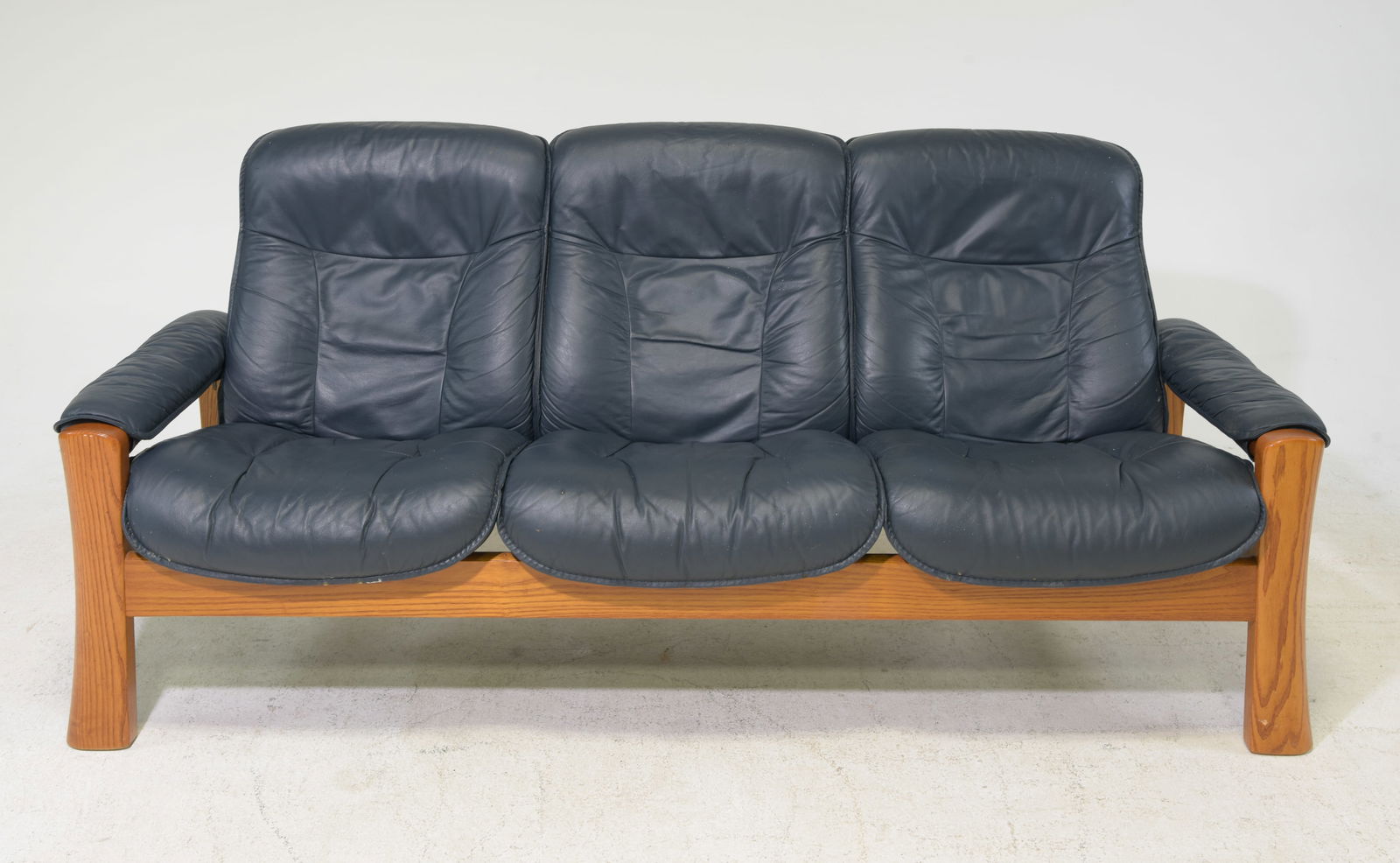 Mid Century Modern Ekornes Stressless Sofa #1: Danish Modern Style Blue Leather Ekornes "Stressless" Three Seater Sofa - 35 in tall x 78 x 27, Seat height is 16 inches