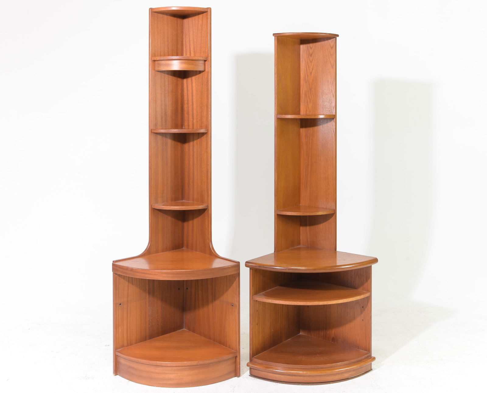 2 Mid Century Modern Corner Shelves / Cabinets: 2 Danish Modern Style Corner Shelves / Cabinets - 70.25 in tall x 24.25 x 17 and 65.25 in tall x 25.5 x 17