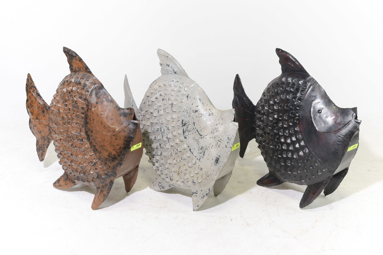 Three Assorted Large Metal Decorative Fish #2: Three Assorted Large Metal Decorative Fish - 30 in tall x 31 x 7 each