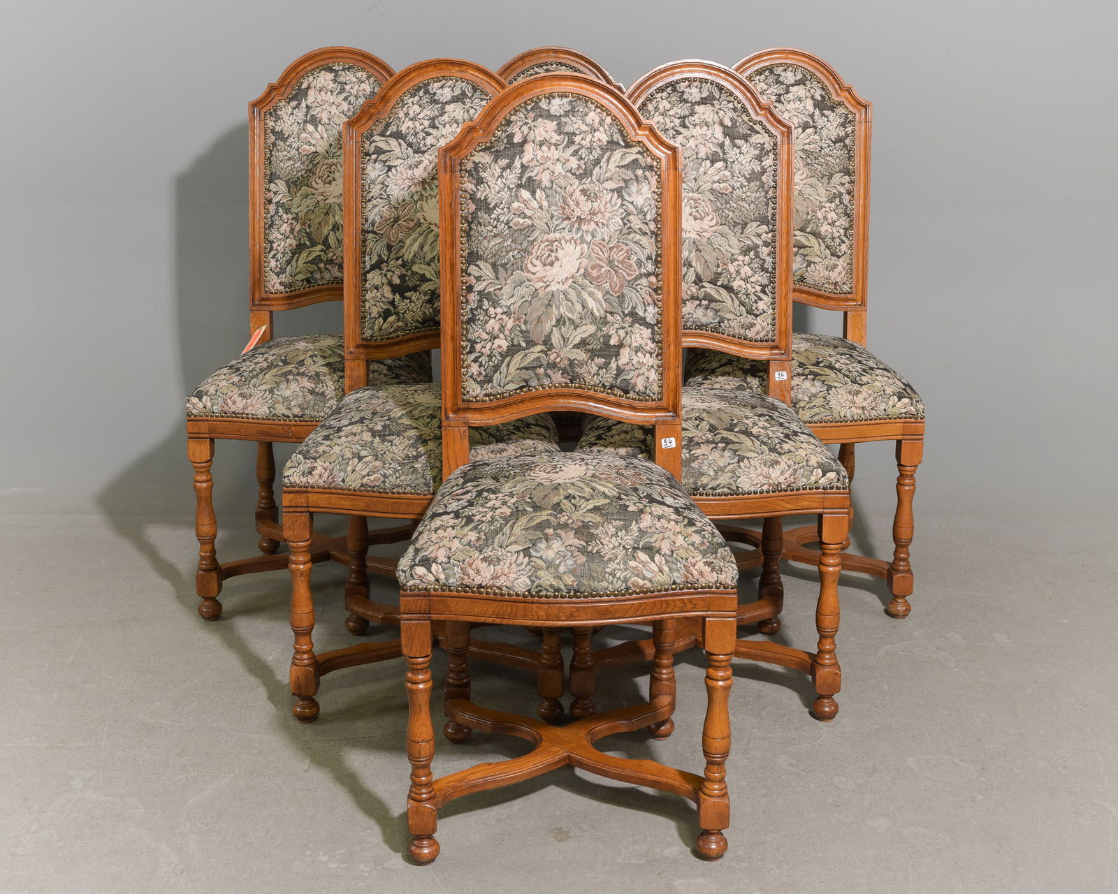 French Upholstered Oak Set of 6 Dining Chairs: French Upholstered Oak Set of 6 High Back Dining Chairs - 44.5 in tall x 19 x 18 each with a seat height of 21 inches