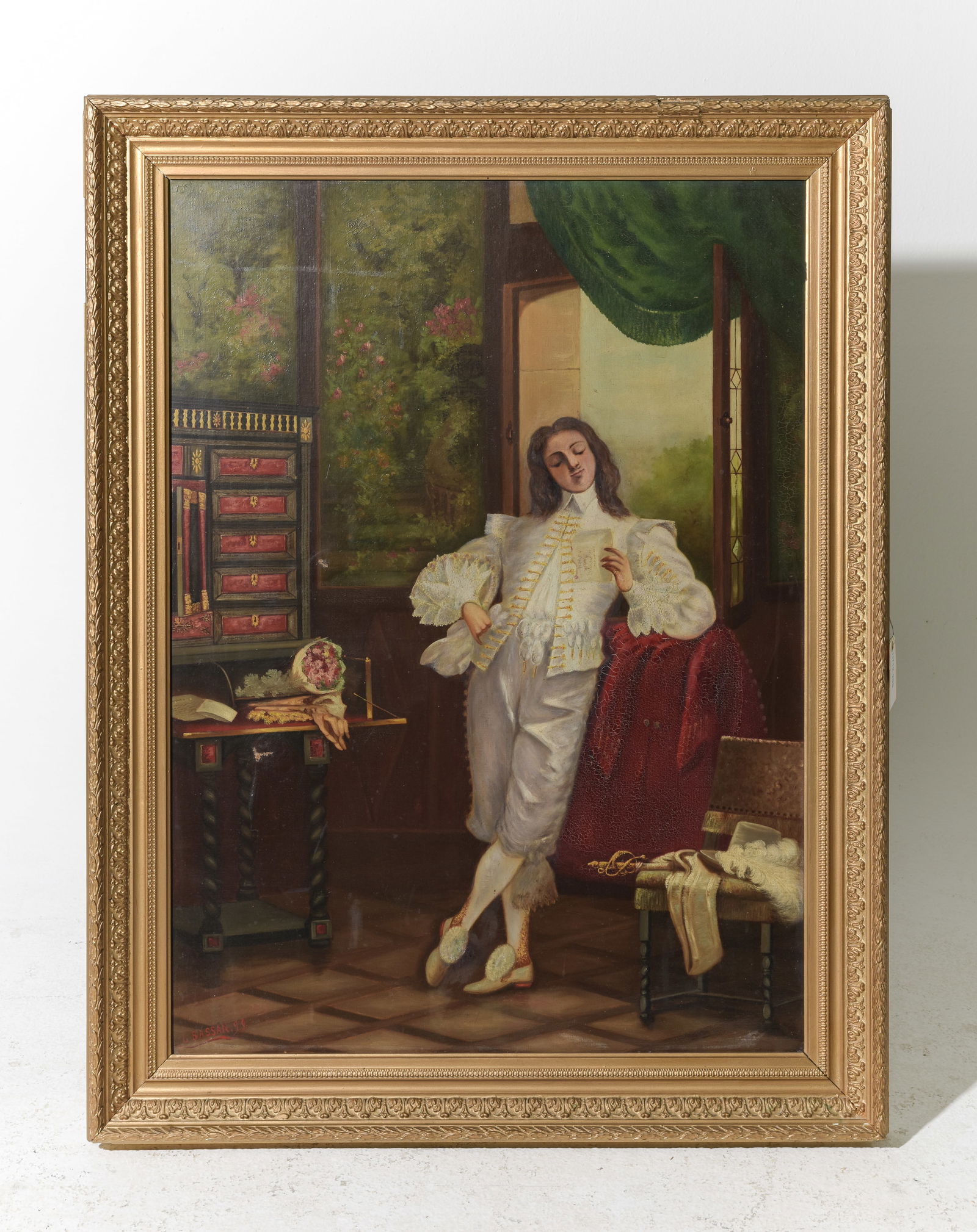 L. Bassan Antique Framed Oil on Canvas Portrait: L. Bassan Antique Gold Framed Oil on Canvas Portrait of a Noble Man Posing in an Interior Room - 46 in tall x 35.5 x 3, The work itself is 39.5 x 29 - There have been some repairs to the canvas