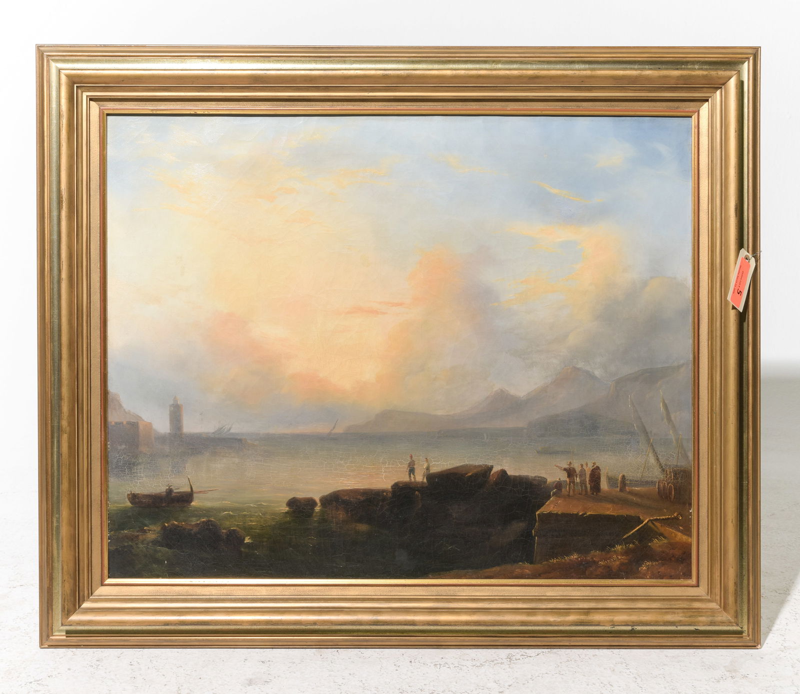 Antique Framed Oil on Canvas European Coastal Landscape: Antique Gold Framed Oil on Canvas European Coastal Landscape - 33 in tall x 39 x 2.5, The work itself is 25 x 32 - There have been some repairs to the canvas and there is crackling.
