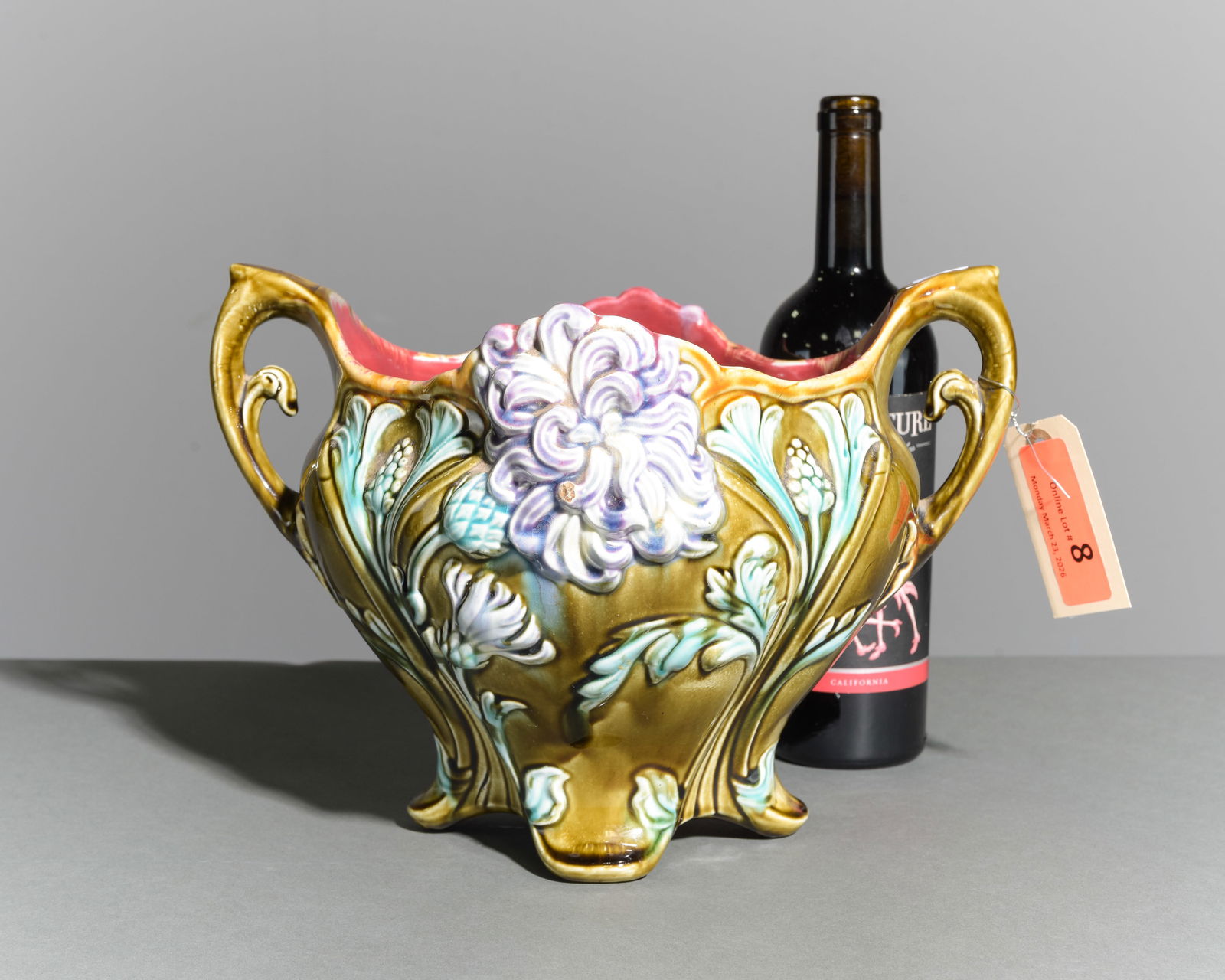 Onnaing Majolica Jardiniere / Planter - Floral #2: Onnaing Majolica Jardiniere / Planter - Floral - 9 in tall x 12.5 x 11