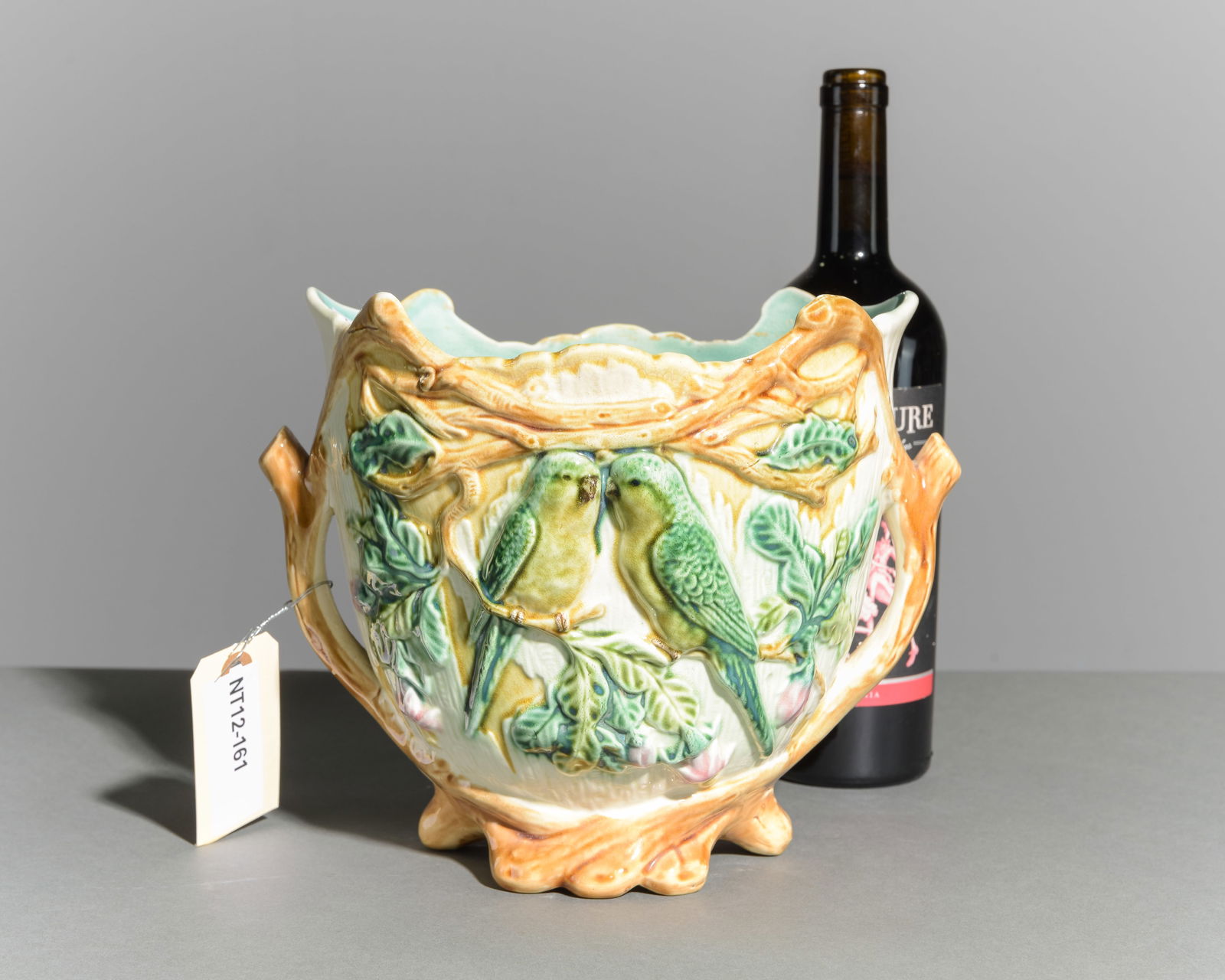 Onnaing Majolica Jardiniere Branch Motif "Love Birds": Onnaing Majolica Jardiniere / Planter with Branch Motif - "Love Birds" - 8.5 in tall x 10 x 9