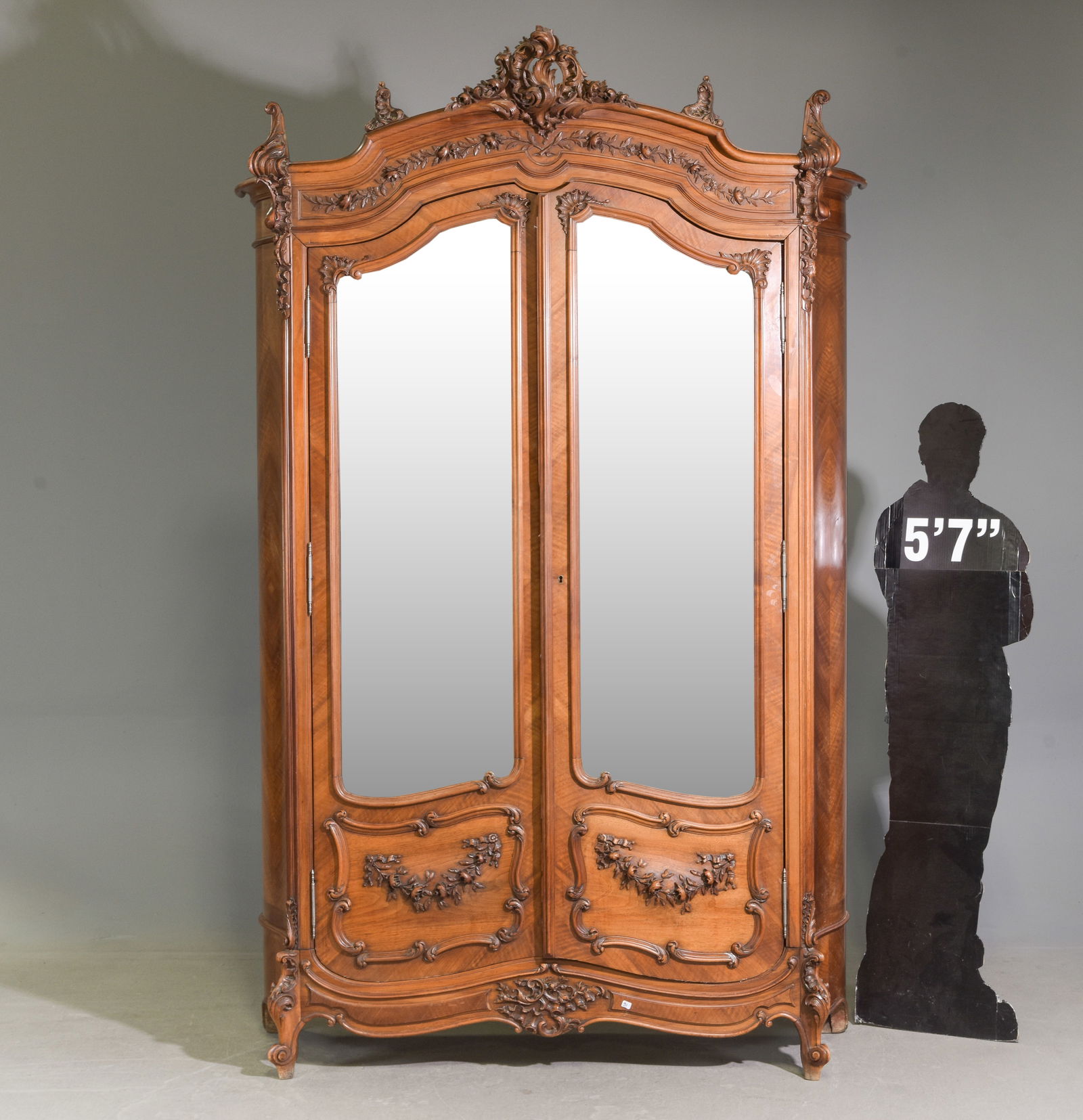 Louis XV Style Walnut Mirror Door Armoire: French Louis XV Style Walnut Double Mirror Door Armoire - 101.5 in tall x 65 x 24