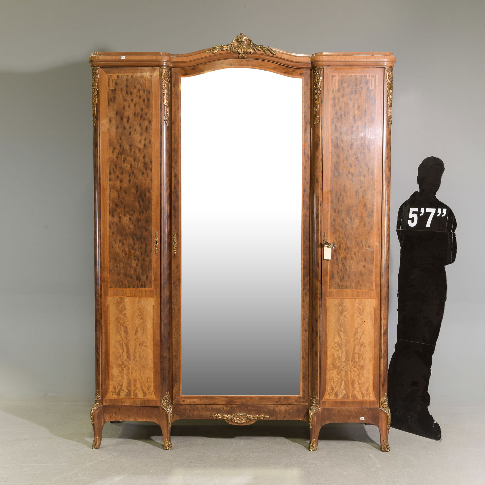 Louis XVI Style Triple Door Walnut Armoire: French Louis XVI Style Triple Door Walnut Armoire with Ormolu Adornments - 92 in tall x 67.5 x 20.5