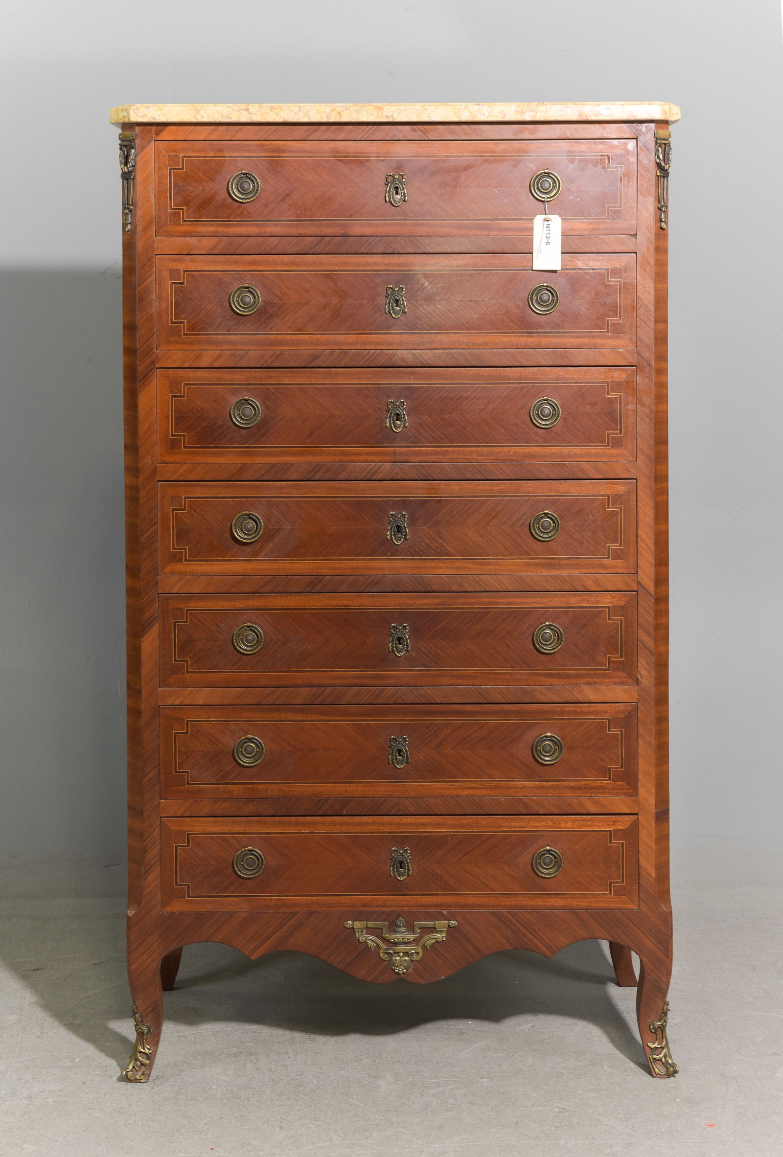 Louis XVI Style Marble Top Semainier / Chest: French Louis XVI Style Marble Top Walnut Semainier / 7 Drawer Chest - 56.75 in tall x 32 x 15