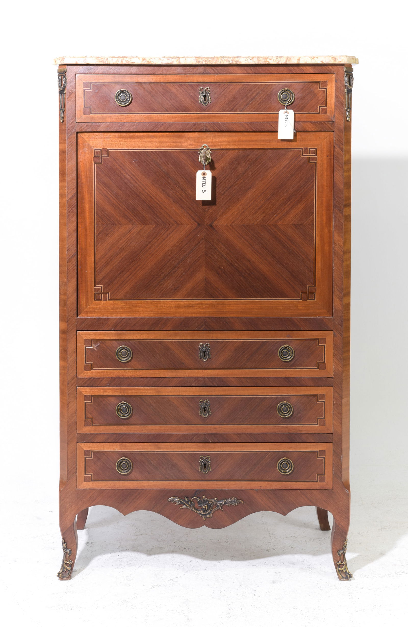 Louis XVI Style Marble Top Secretary Abattant: French Louis XVI Style Marble Top Walnut Secretary Abattant / Desk - 56.75 in tall x 32.75 x 15