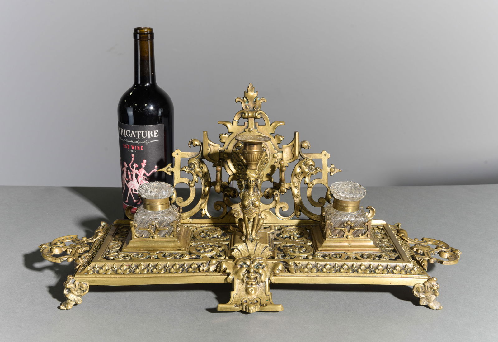 French Baroque / Rococo Brass Double Ink Well: French Baroque / Rococo Brass Double Ink Well - 9 in tall x 21 x 9