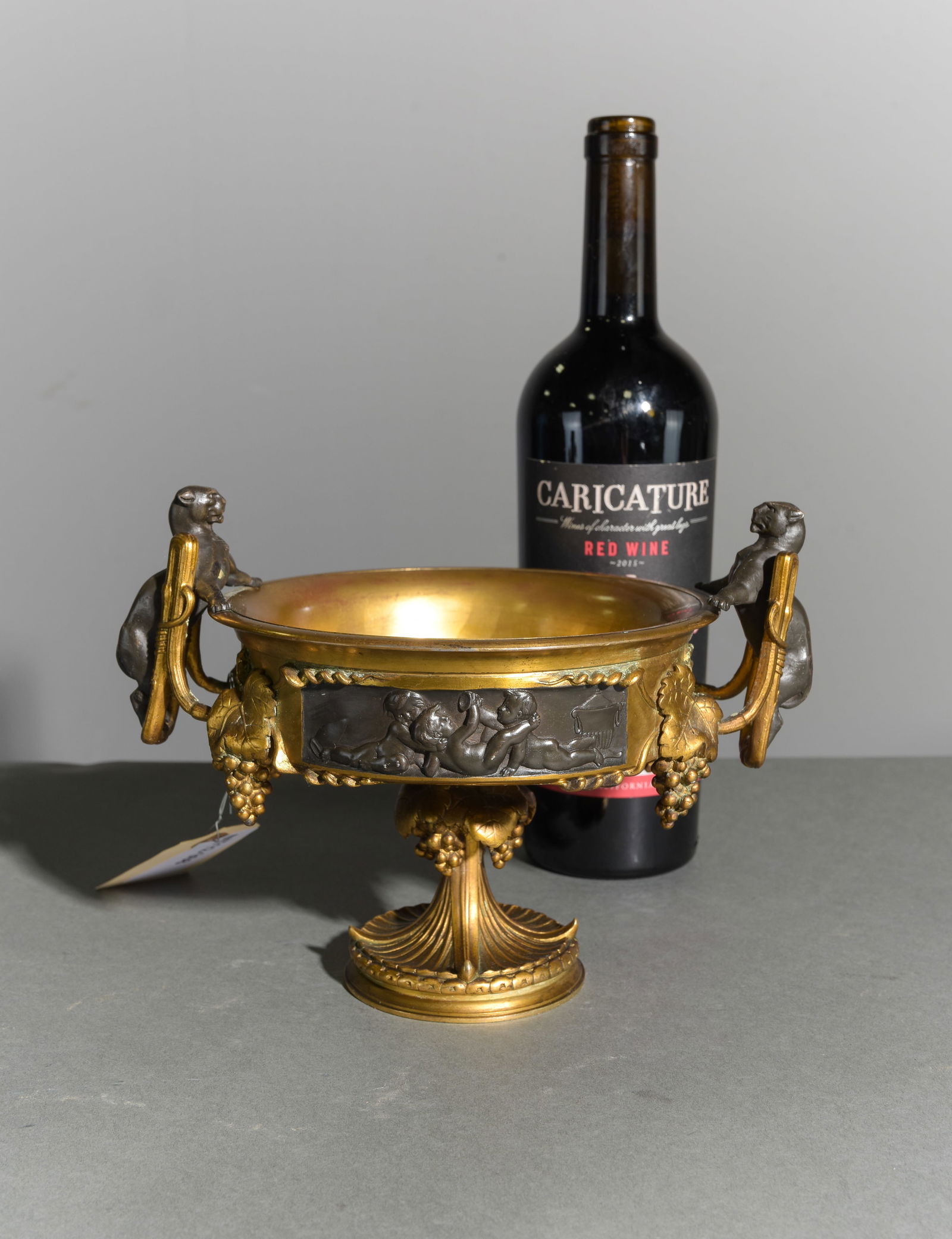 19th Century French Bronze Tazza Decor Panthere: 19th Century French Gilded Bronze Petite Tazza Decor Panthere - 7 in tall x 9 x 7