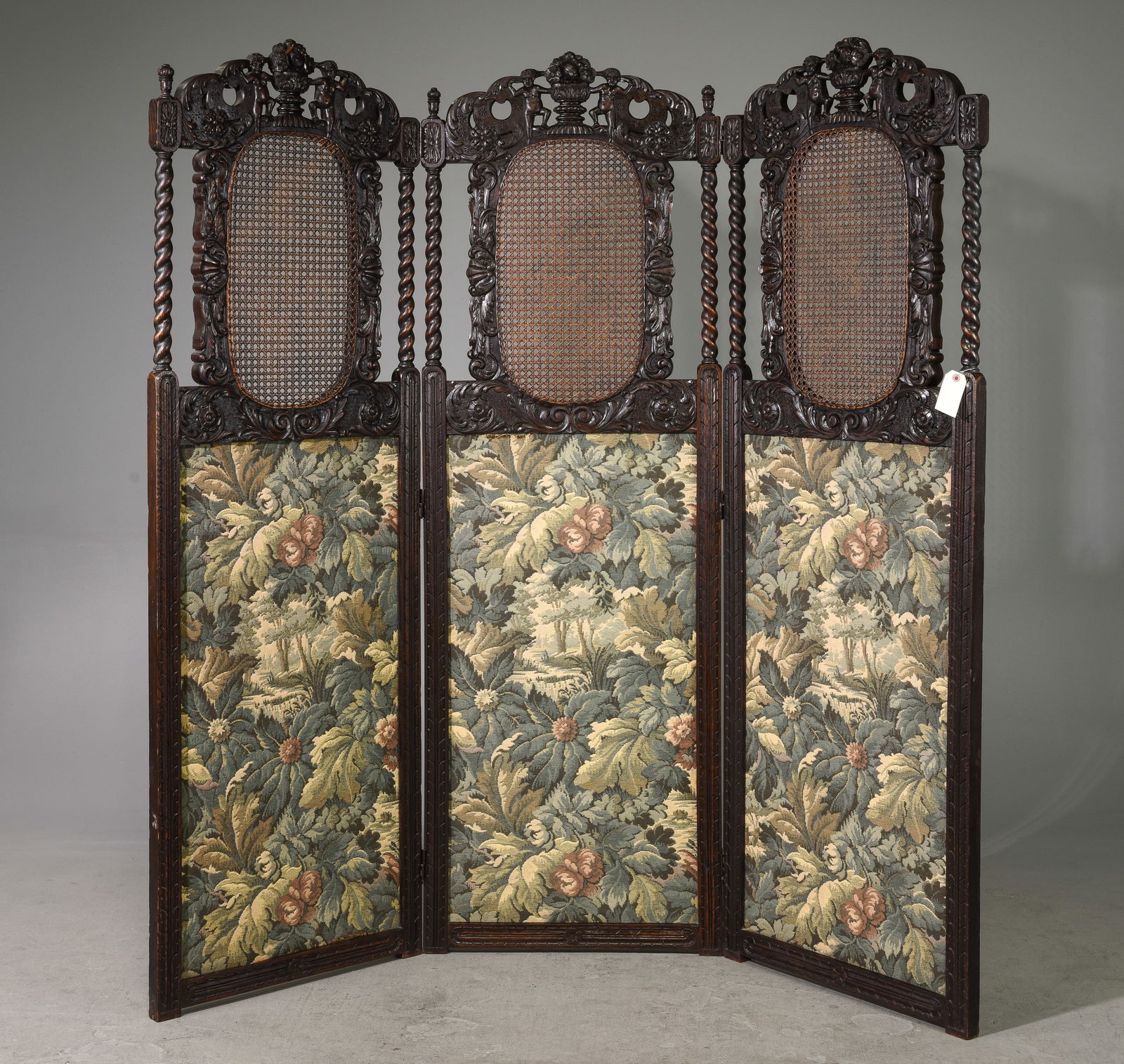 British Carved Oak Barley Twist 3 Panel Screen: British Carved Oak Barley Twist 3 Panel Vanity Screen C.1910's / 20's - Each panel measure 72 inches tall x 24 x 2
