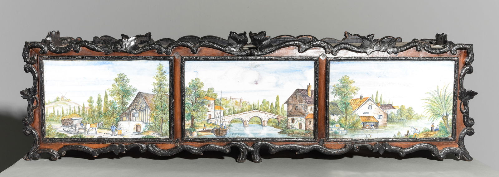 Antique Carved Walnut Planter with Hand Painted Tiles: Antique Carved Walnut Planter / Jardiniere with Hand Painted Tiles & Liner - 13.25 in tall x 47 x 11.75