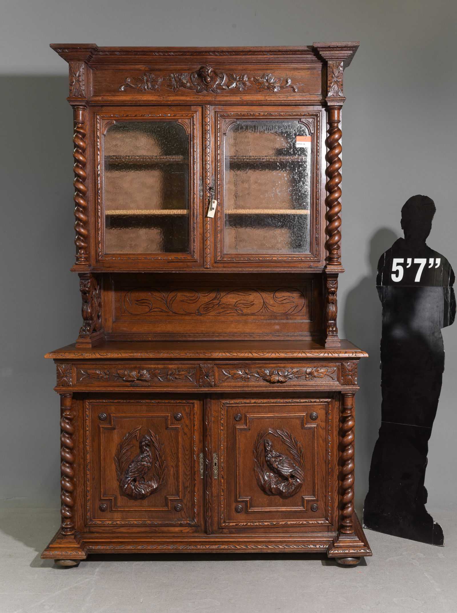 Louis XIII Style French Twist Oak Double Buffet: French Louis XIII Style French Twist Carved Oak Double Buffet - 91 in tall x 55.25 x 23.5