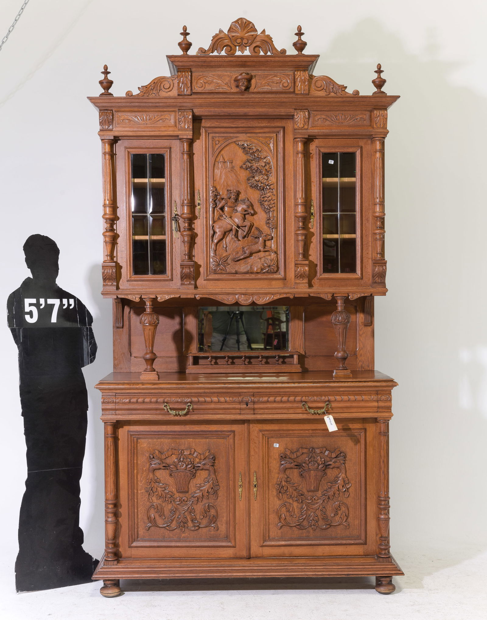 Henri II Style Carved Oak Double Buffet: French Henri II Style Carved Oak Double Buffet with Fluted Columns - 105 in tall x 56.5 x 22.5