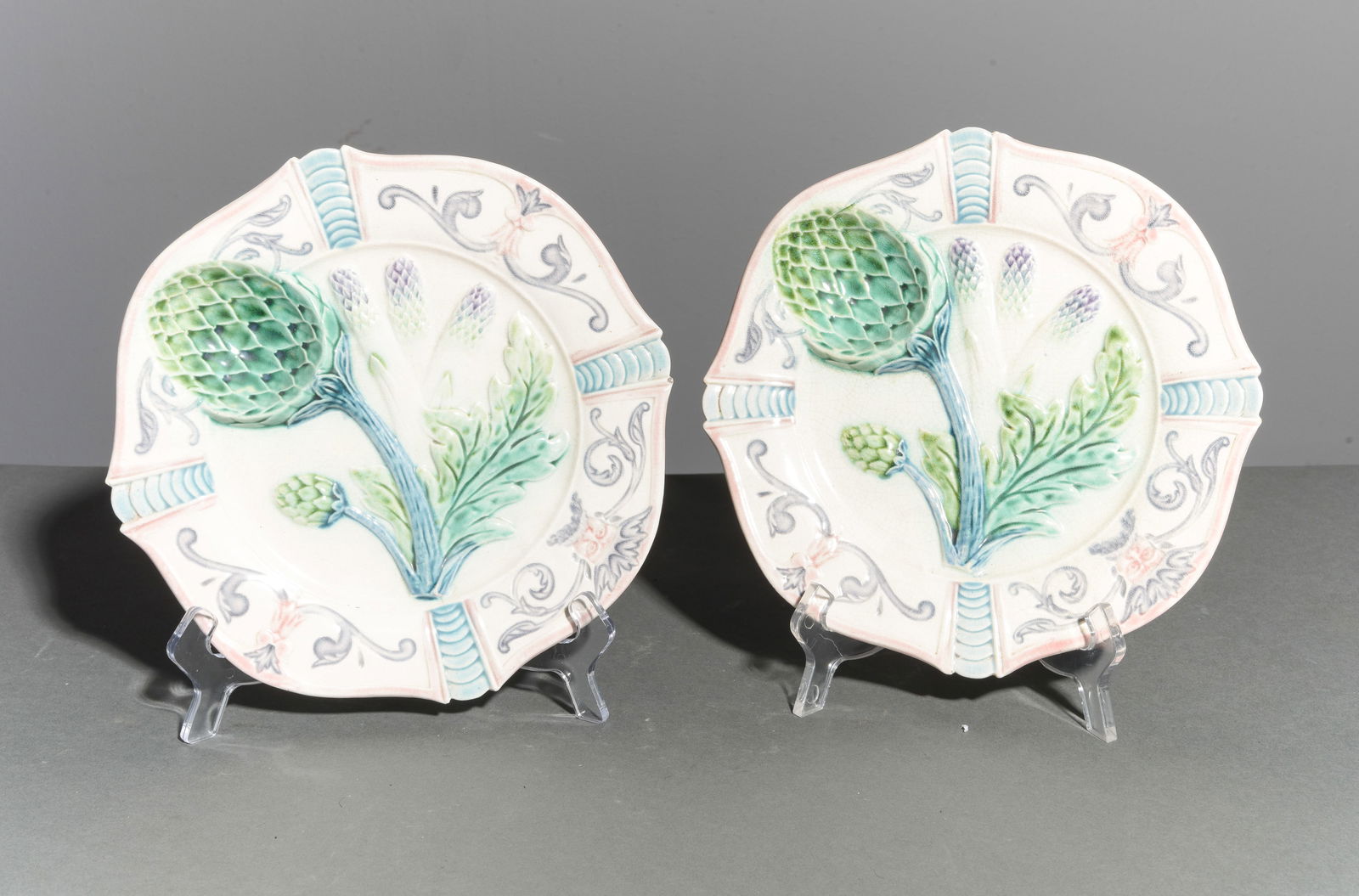2 French Majolica Artichoke & Asparagus Plates: 2 French Majolica Artichoke & Asparagus Plates - 1 in tall x 9.5 inch diameter each