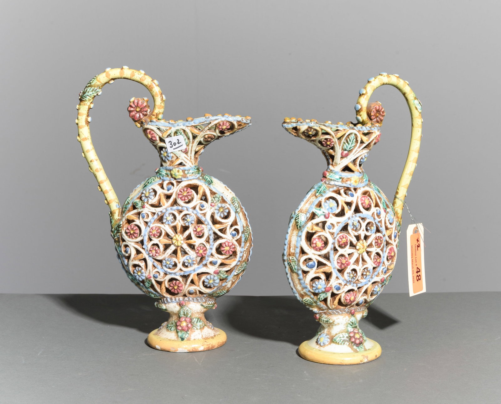 Italian Pair of Ornate Decorative Pitchers: Italian Pair of Ornate Decorative Pitchers / Jugs - 12.25 in tall x 8 x 3.5 each