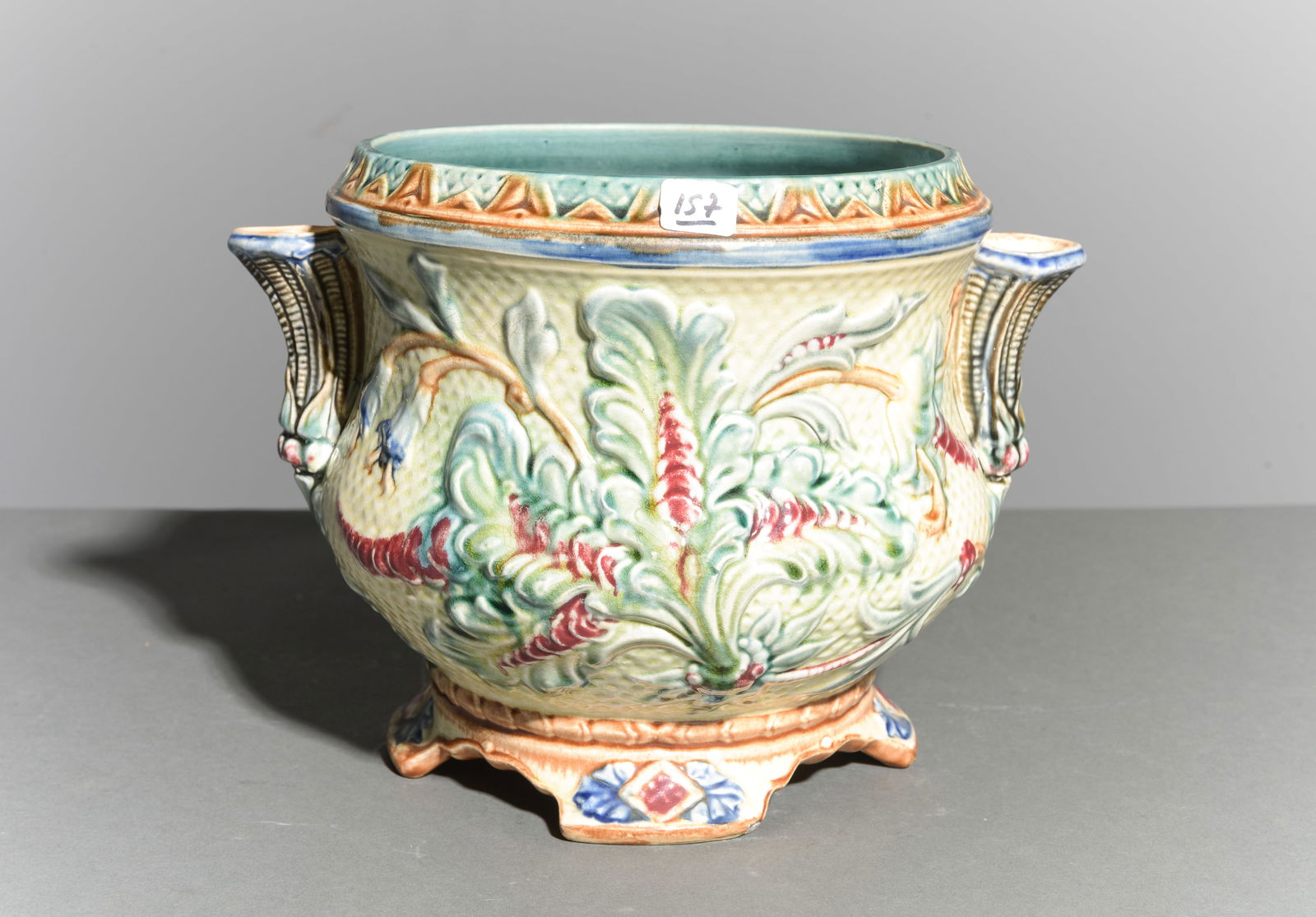 French Majolica Jardiniere / Planter - Foliate: French Majolica Jardiniere / Planter - Foliate Motif - 8.5 in tall x 11 x 9