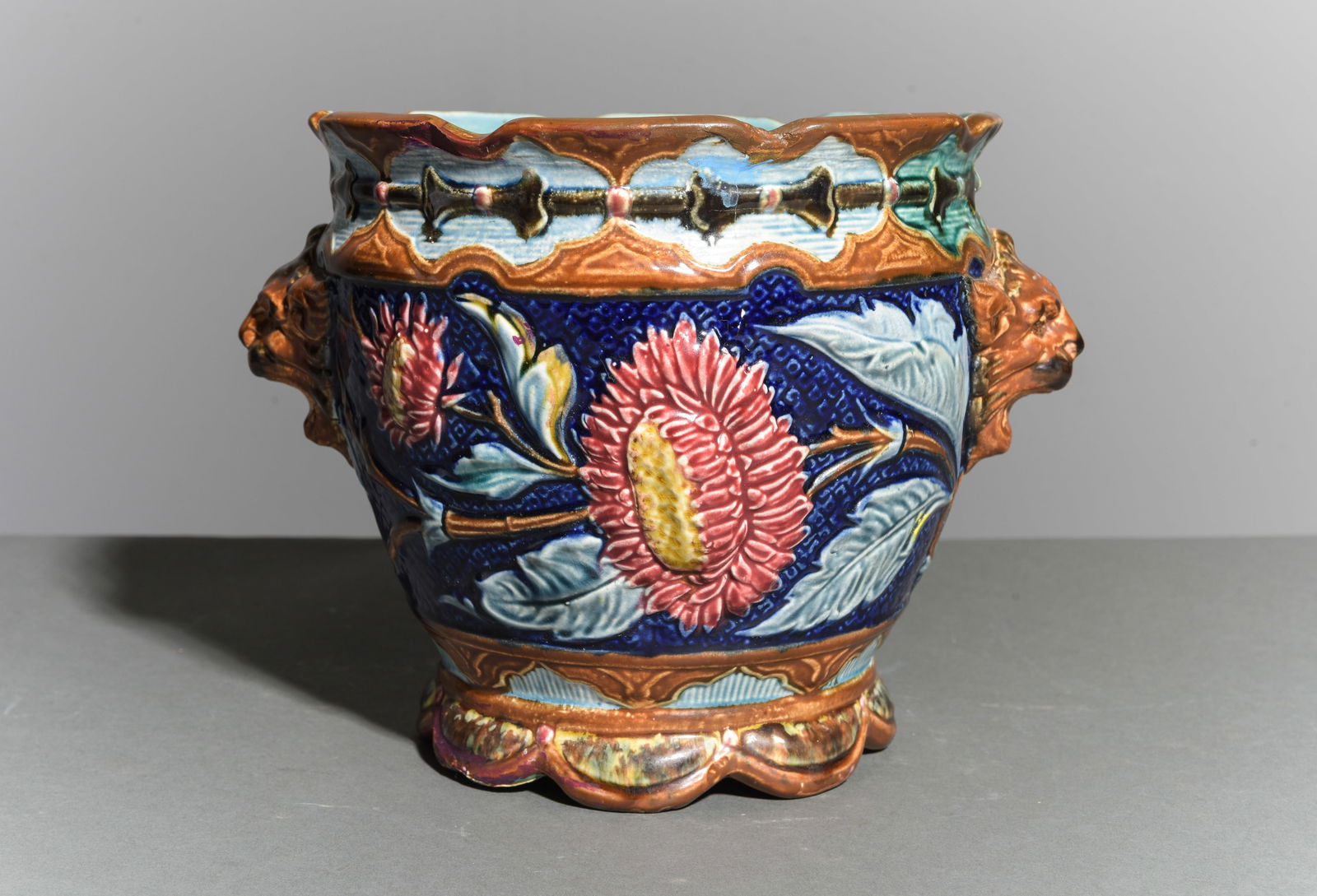French Majolica Jardiniere / Planter - Floral: French Majolica Jardiniere / Planter - Floral Motif - 8.25 in tall x 11.5 x 9.5