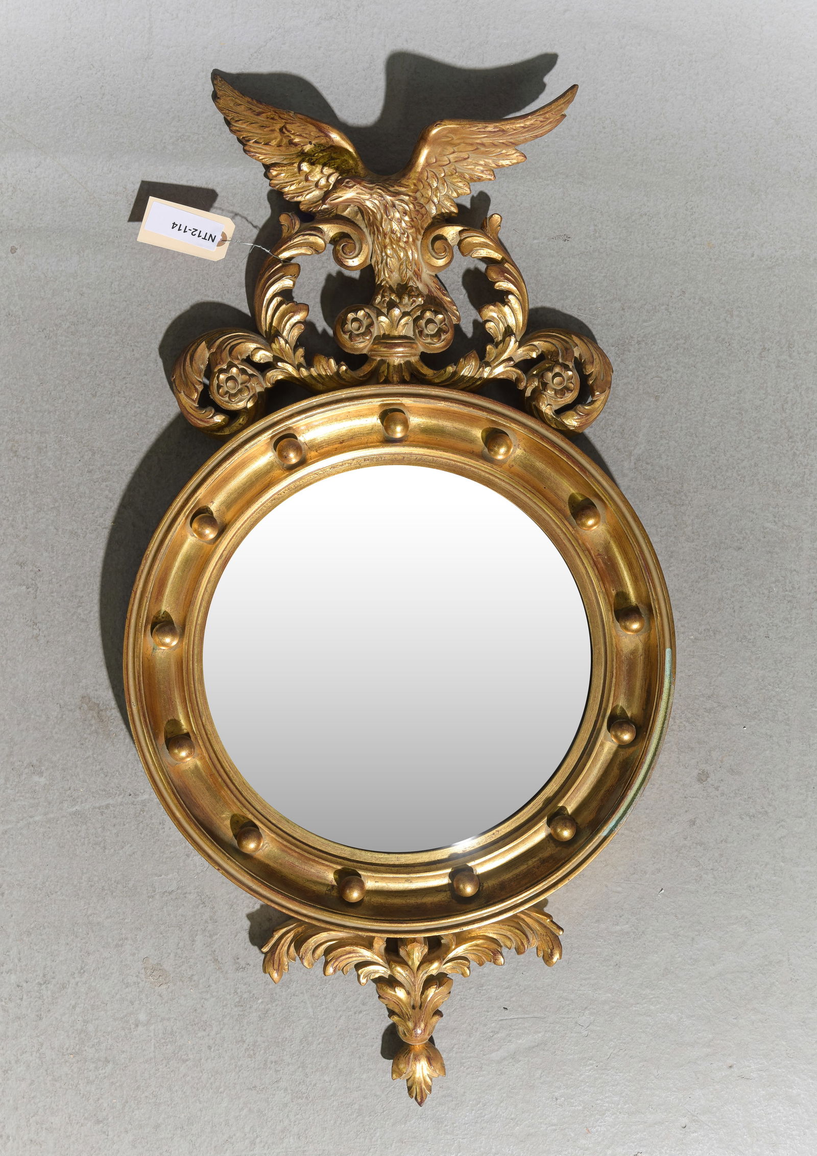 Empire Style Gold Framed Round Mirror with Eagle: Empire Style Gold Framed Round Mirror with Eagle - 35 in tall x 19 x 3.5
