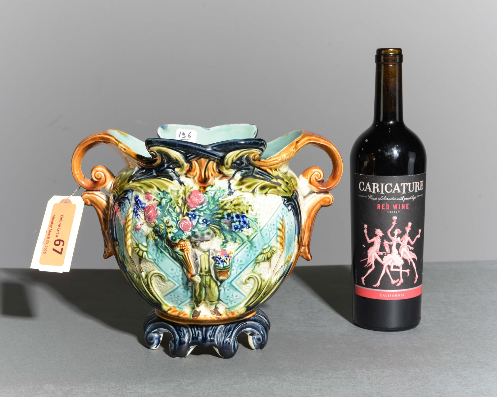 Onnaing Majolica Jardiniere / Planter - Flower Boy: French Onnaing Majolica Jardiniere / Planter - Flower Boy - 8.75 in tall x 10.75 x 8.25