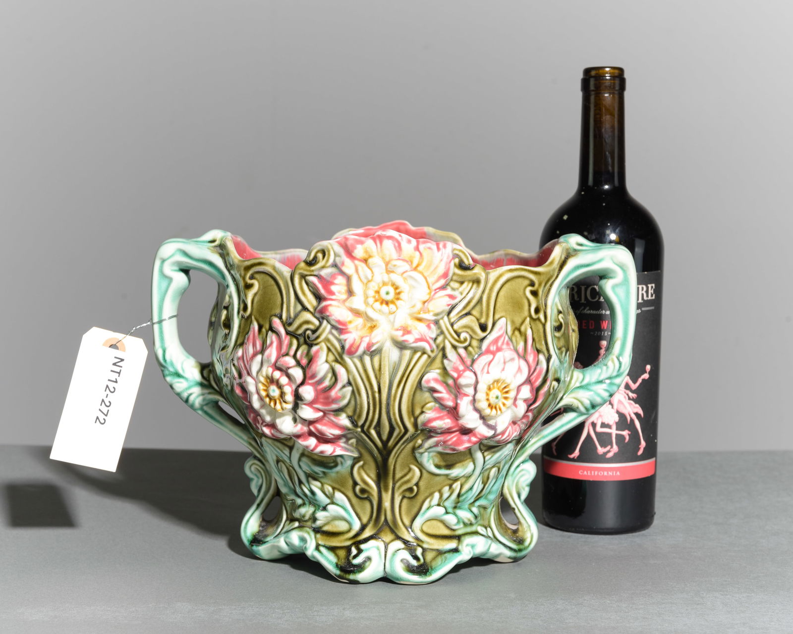 Onnaing Majolica Jardiniere / Planter - Floral Motif: Onnaing Majolica Jardiniere / Planter - Floral Motif - 8 in tall x 11.5 x 9