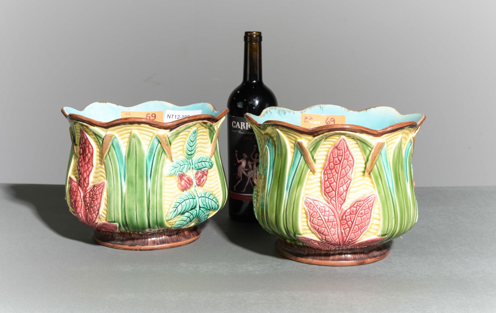 St. Clement Pair of Majolica Planters: St. Clement Pair of Majolica Planters / Jardinieres - 7.5 in tall x 9.5 inch diameter each