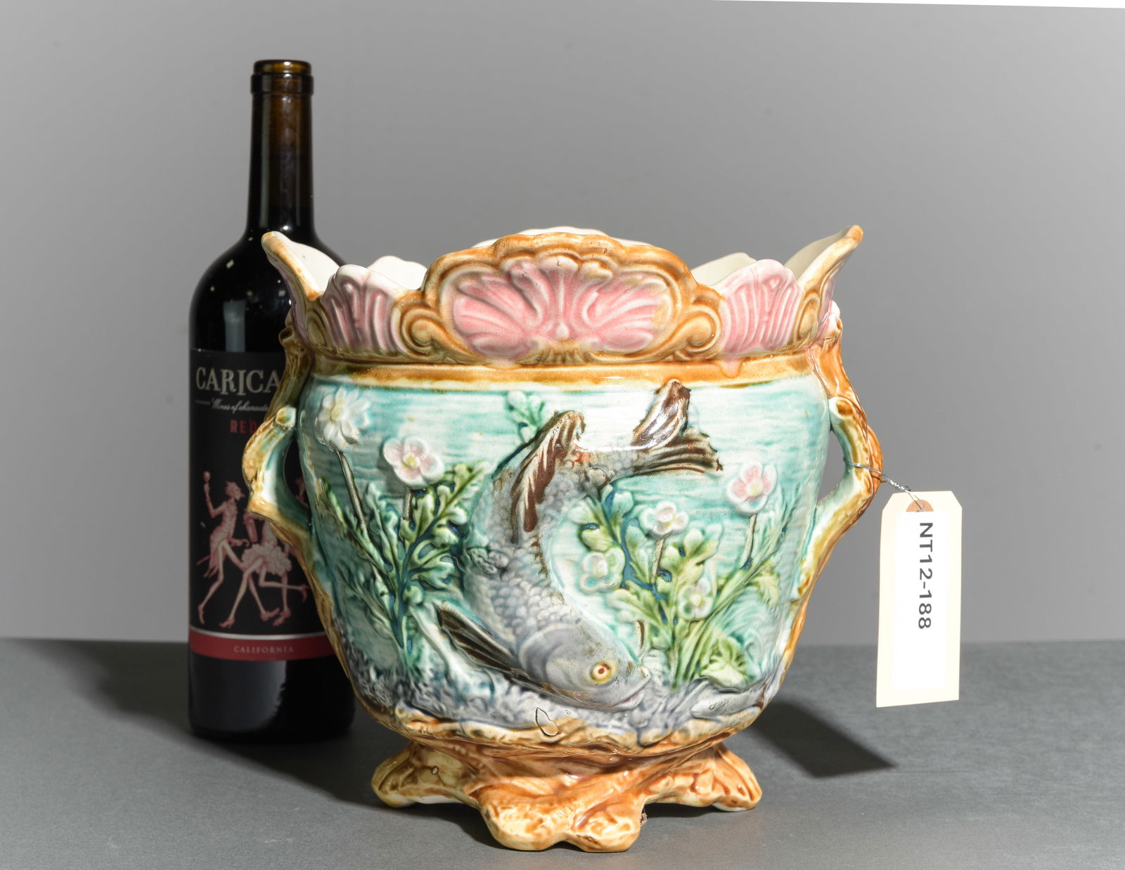 Onnaing Majolica Planter / Jardiniere - Fish Motif: Onnaing Majolica Planter / Jardiniere - Fish Motif - 8.75 in tall x 10 x 9.25