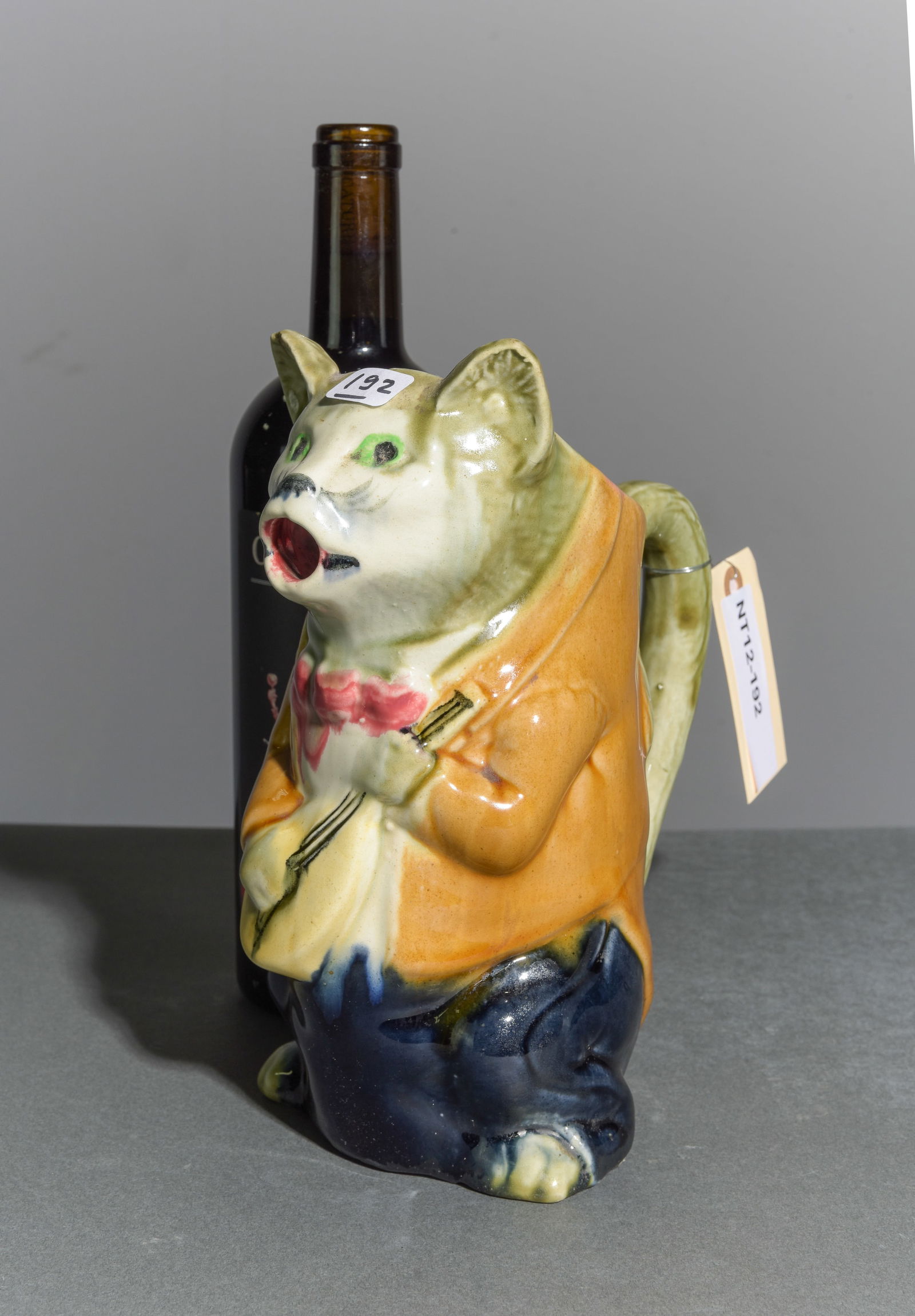 Orchies Majolica Dapper Cat Pitcher: French Orchies Majolica Dapper Cat Pitcher - 9.25 in tall x 7.5 x 4.25