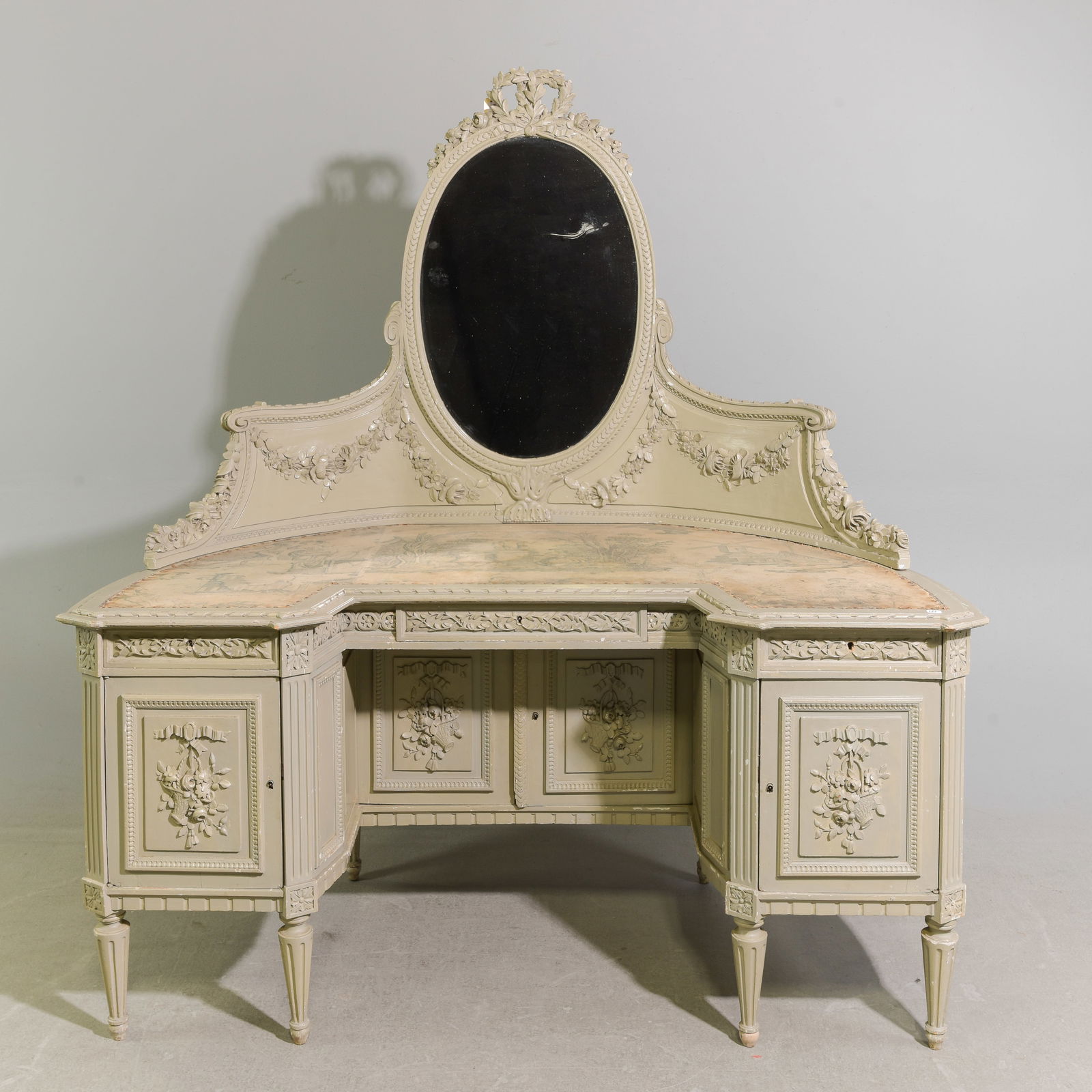 Louis XVI Style Painted Dressing Table: French Louis XVI Style Painted Dressing Table / Dresser with Mirror - 64 in tall x 57.5 x 31, Kneehole is 24 x 24