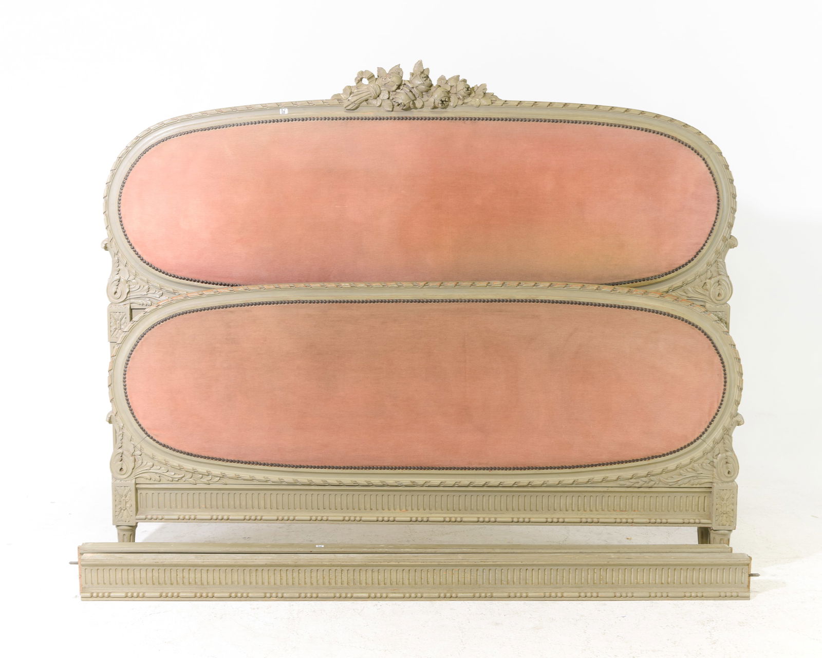 Louis XVI Style Painted Bed with Rails: French Louis XVI Style Painted Bed with Rails - Headboard is 60 in tall x 44 x 4, Rails are 75 inches long each - This bed is a European size which can usually be converted to an American size by
