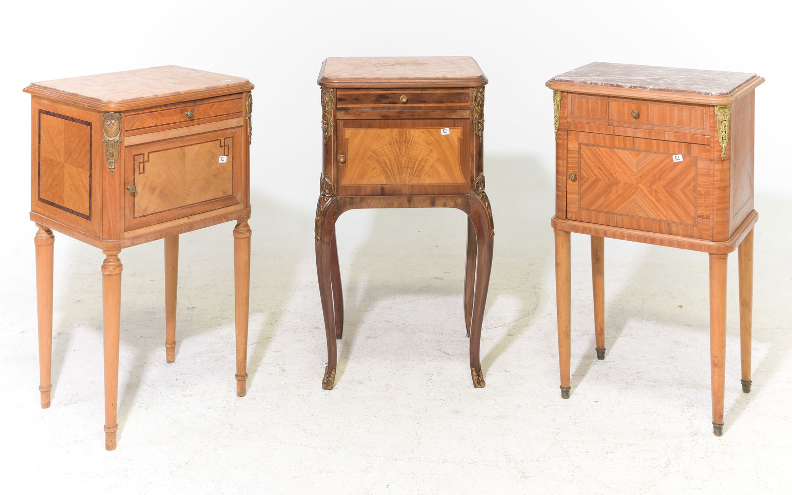 Three French Marble Top Nightstands: 3 French Marble Top Nightstands / Occasional Cabinets / Tables - 32 in tall x 18.5 x 15, 32 in tall x 17.5 x 15 and 31.5 in tall x 17.25 x 15