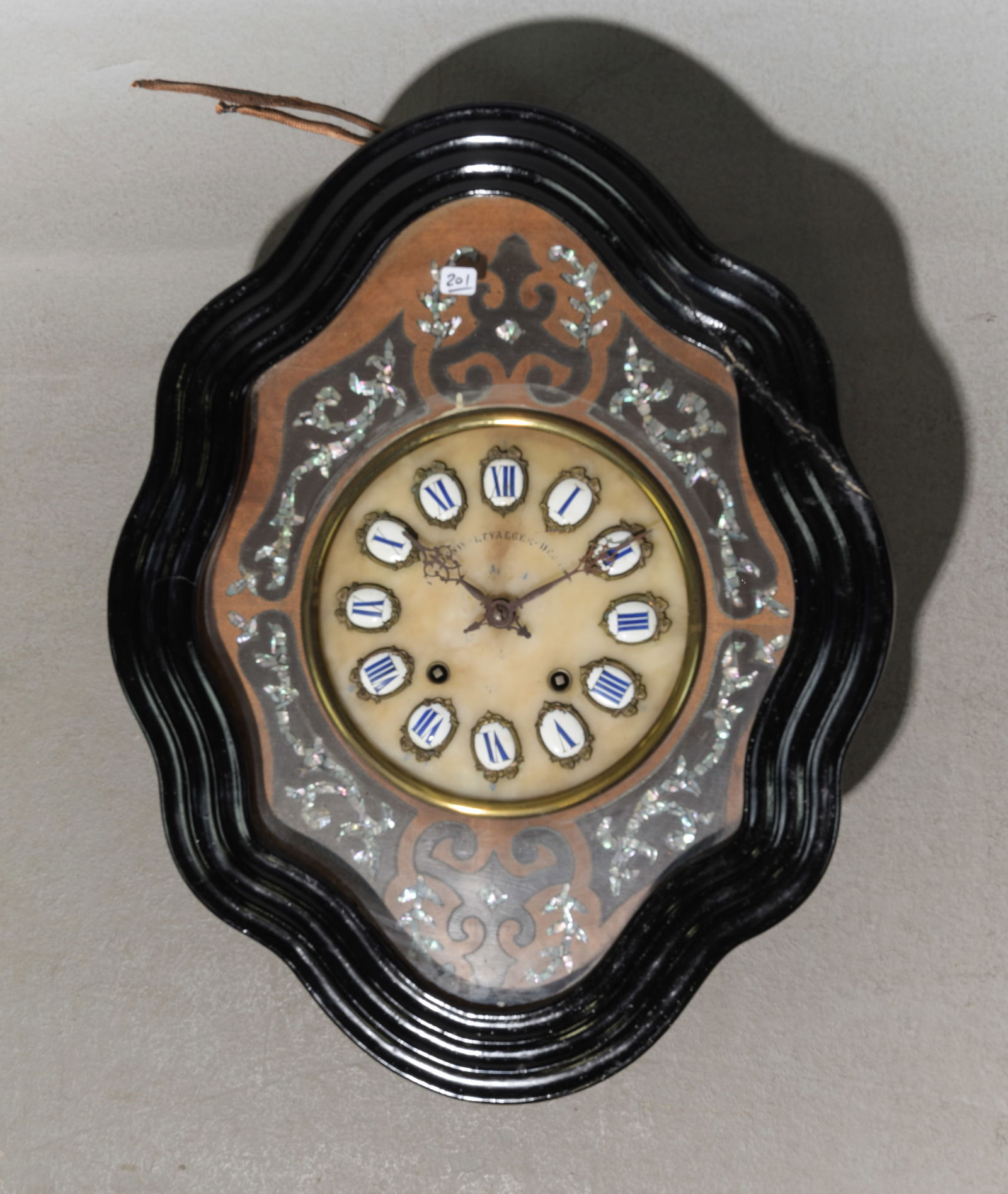 Napoleon III Style Black Lacquer Wall Clock: Napoleon III Style Black Lacquer Wall Clock with Enamel Roman Numerals - 24.5 in tall x 19.25 x 5.5