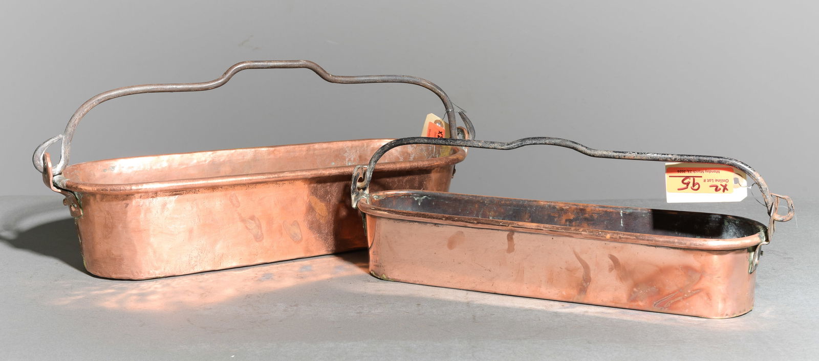 2 French Copper Fish Steamers / Kettles: 2 French Copper Fish Steamers / Kettles - 4.5 in tall x 21.75 x 8.25 and 3.5 in tall x 18.5 x 5