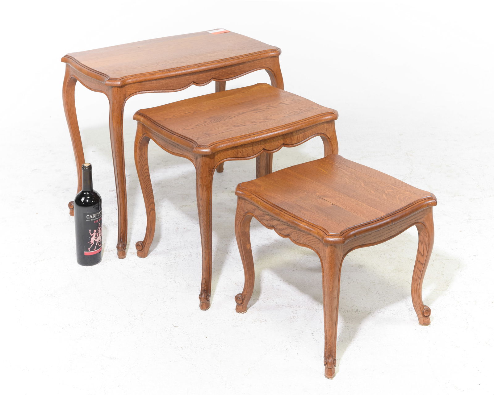 Louis XV Style Oak Nest of 3 Tables #1: French Louis XV Style Oak Nest of 3 Tables - 21 in tall x 24.5 x 14.5, 17 in tall x 19.75 x 14.5 and 13.5 in tall x 14.5 x 14.5